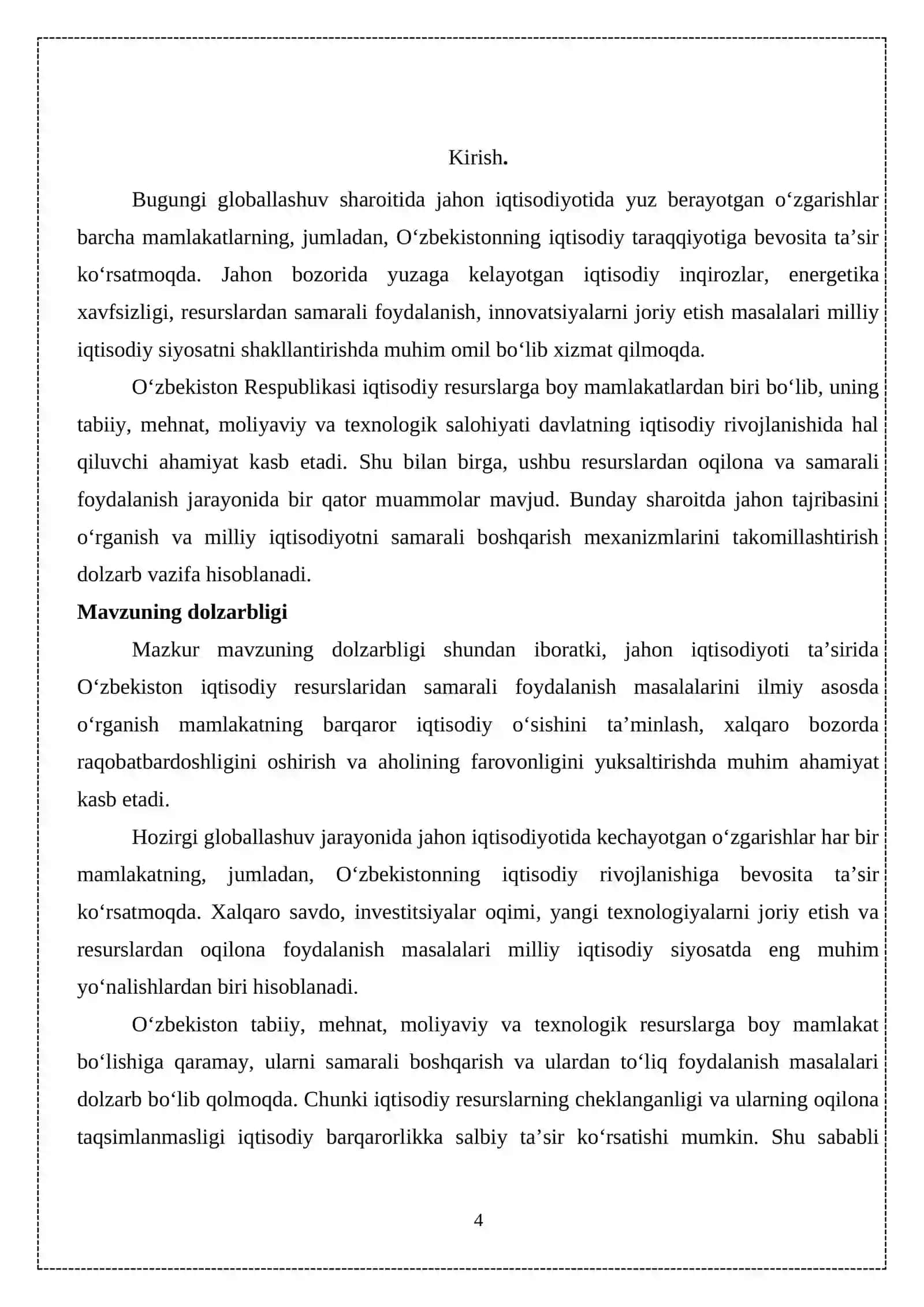 Jahon iqtisodiyoti ta’sirida O‘zbekistonning iqtisodiy resurslaridan samarali foydalanish muammolari 4