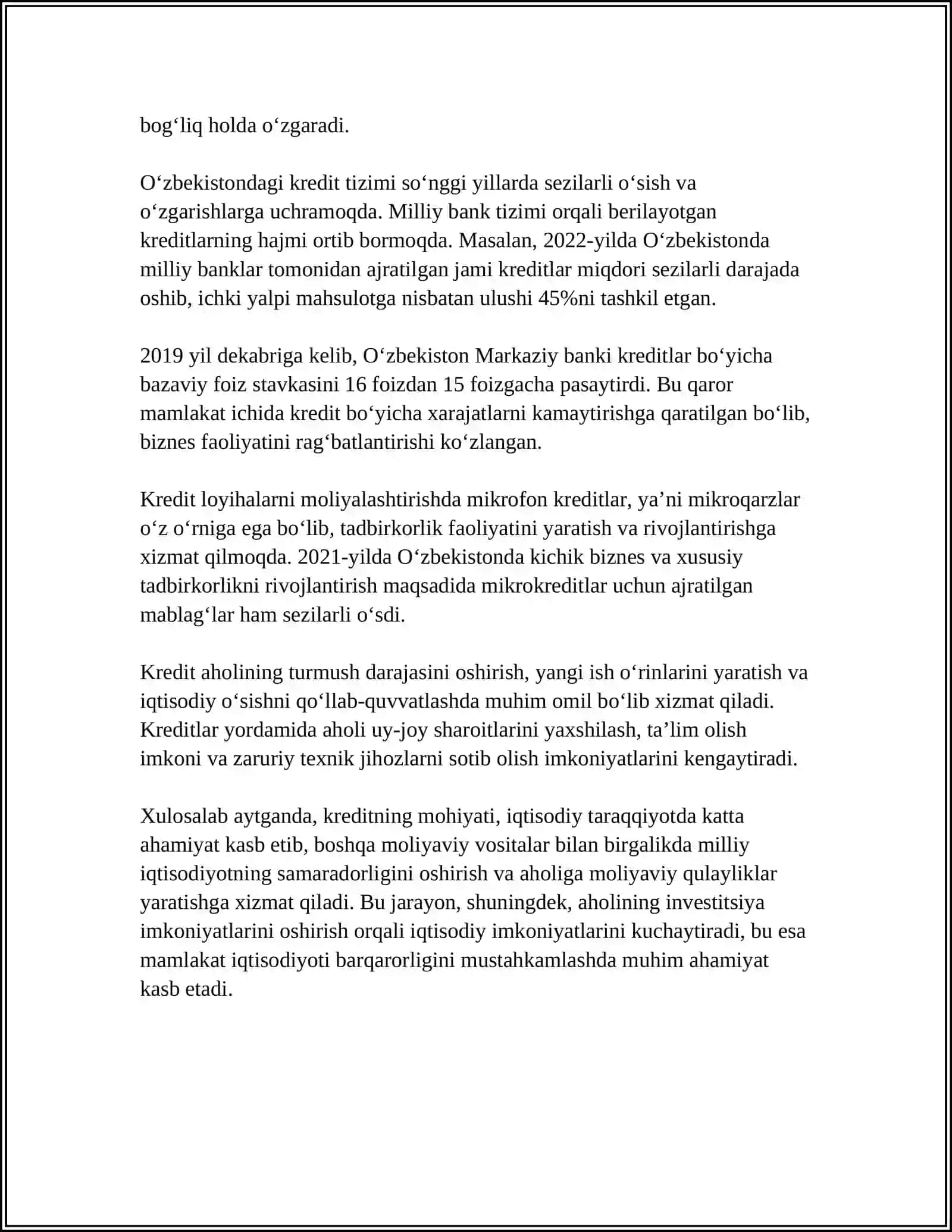 MUSTAQIL ISH Mavzu: KREDITNING MOHIYATI, TURLARI VA VAZIFALARNI 4