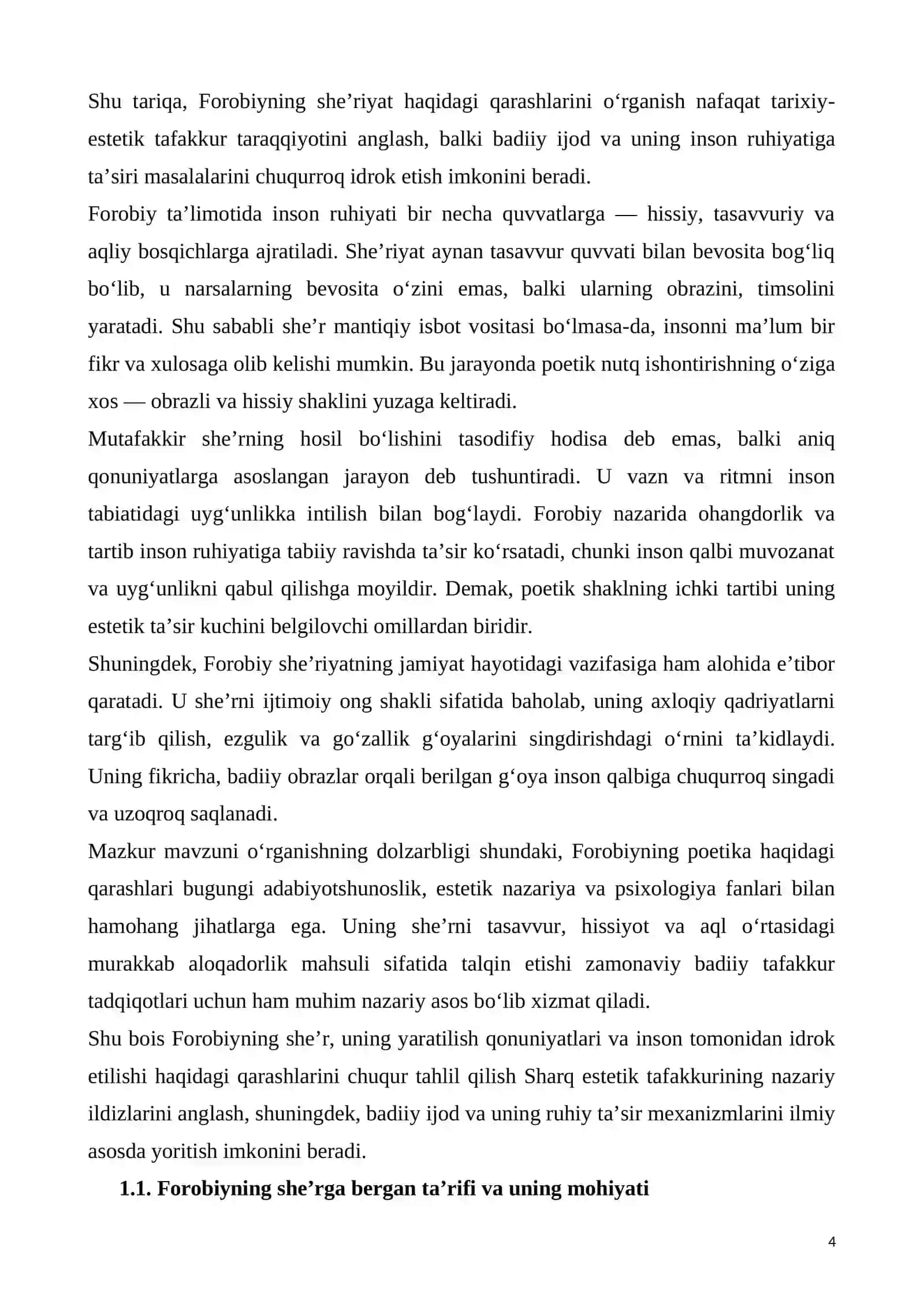 Forobiyning sheʼr, uning hosil boʻlish qonuniyatlari va insoniyat tomonidan idrok etilishi haqidagi fikrlari 4