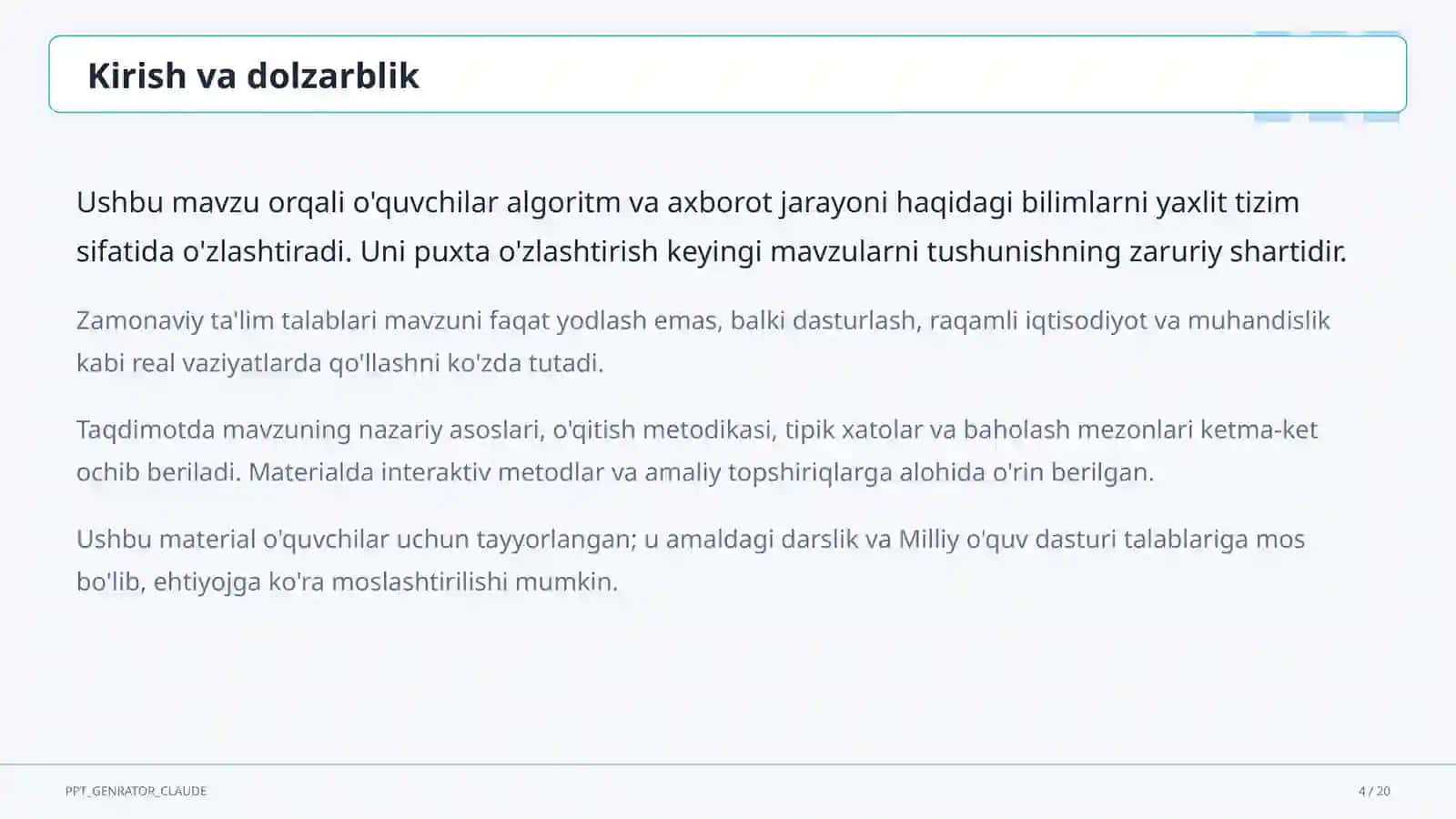 Algoritmlarning turlari: chiziqli, tarmoqlanuvchi, takrorlanuvchi (8-sinf) 4