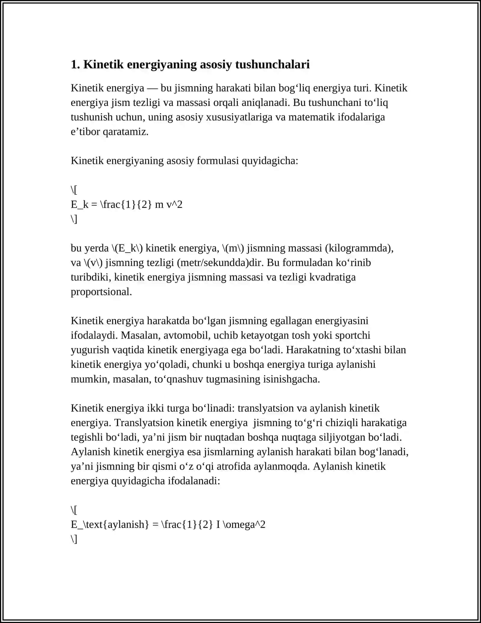 KINETIK VA POTENSIAL ENERGIYA, HAMDA OBYEKTNI MURAKKAB TRAYEKTORIYA BO‘YICHA HARAKATINI TAHLIL QILISHDA INTEGRAL HISOB TATBIQLARI 4