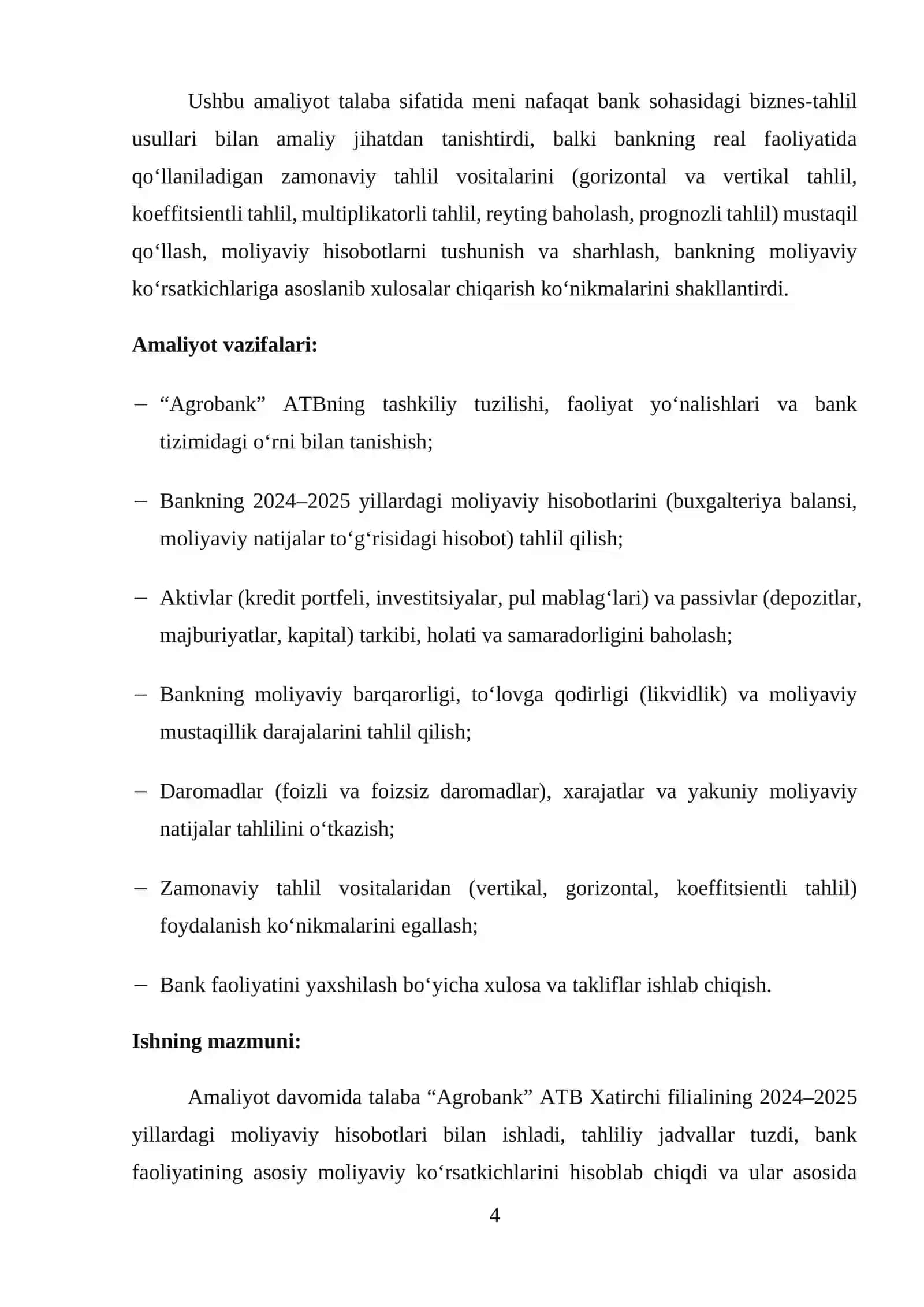 “Agrobank” aksiyadorlik tijorat banki Navoiy viloyati Xatirchi filiali. amaliyot hisoboti 4