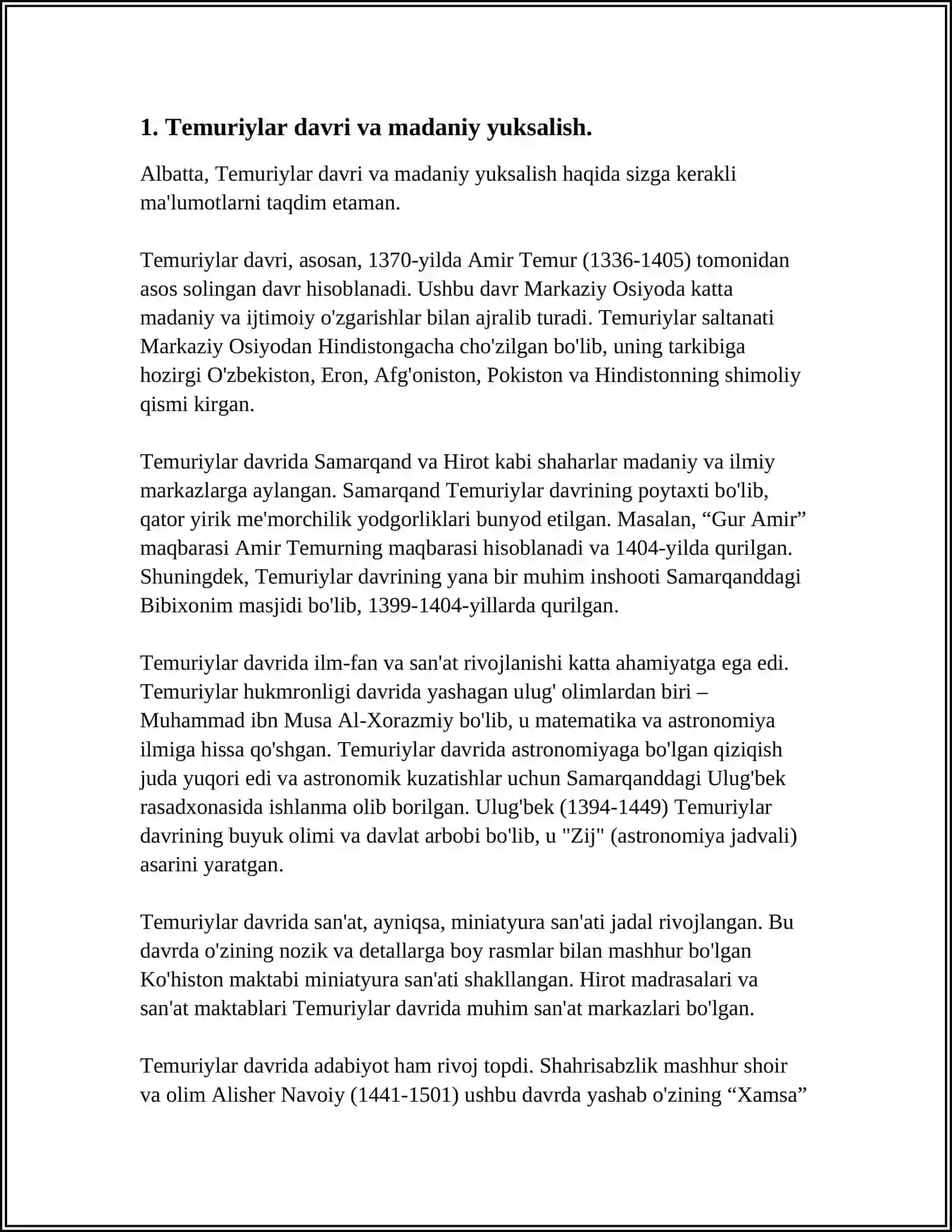 IX-XII ASRLARDA MAMLAKATIMIZ HUDUDIDA ROʻY BERGAN MADANIY UYGʻONISH(RENESSANS). BUYUK ALLOMALARNING JAHON SIVILIZATSIYASIGA QOʻSHGAN HISSASI 4