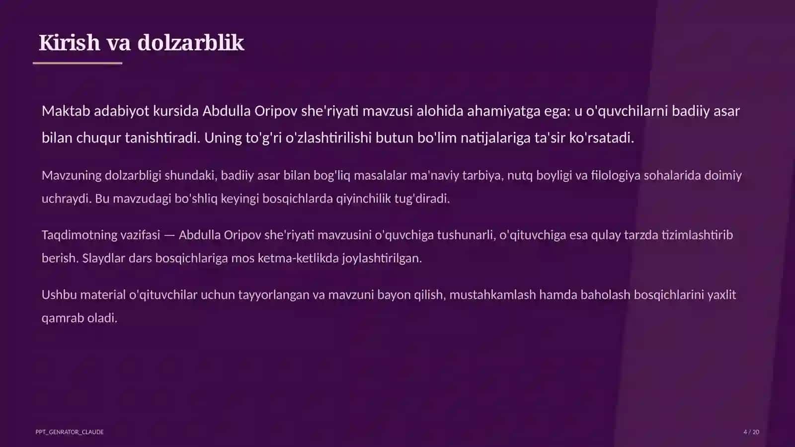 Abdulla Oripov she'riyati (9-sinf) 4