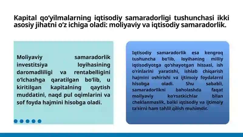 Kapital qo‘yilmalarning iqtisodiy samaradorligi va uni aniqlash yo‘llari. 4