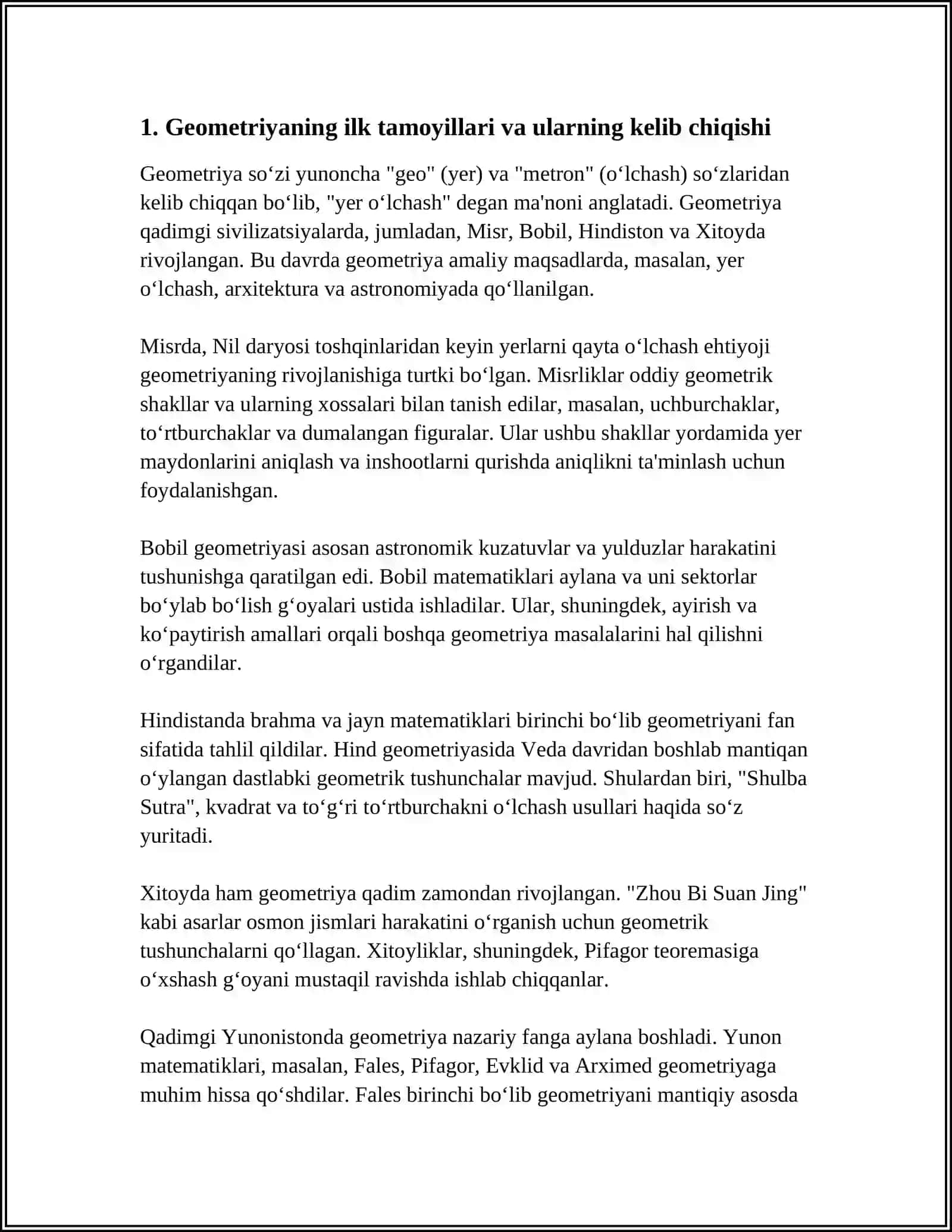 GEOMETRIYA ELEMENTLARI MAVZUSINI OʻRGANISHDA TARIXIY MATERIALLARDAN FOYDALANISH. GEOMETRIYANING PAYDO BOʻLISH TARIXINI OCHIB BERISH 4