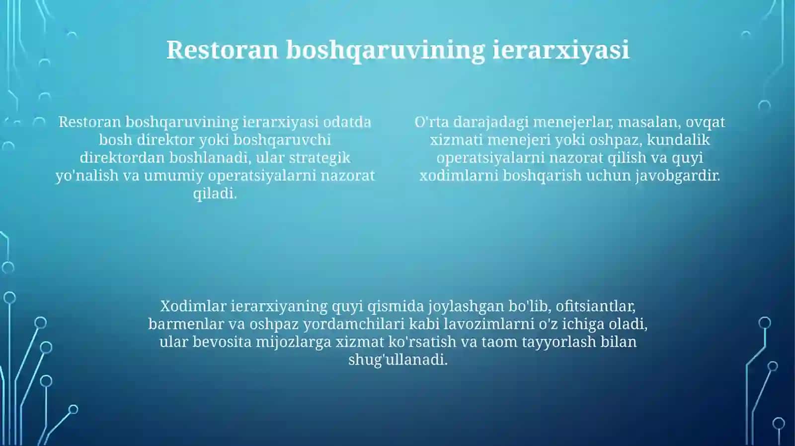 Restoran va ovqatlanish korxonalarining tashkiliy tuzilmalari 4