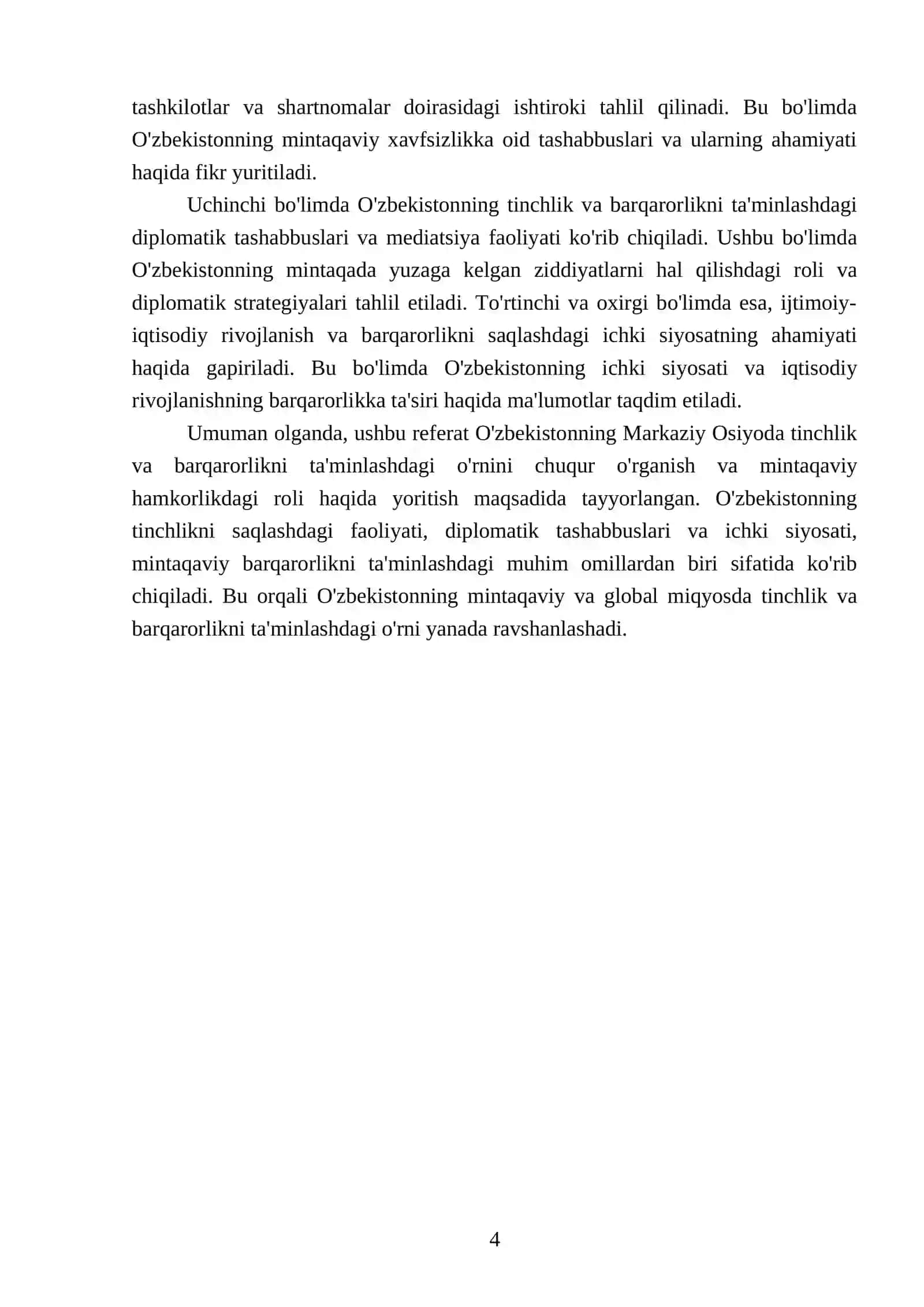 O'zbekistonning Markaziy Osiyoda tinchlik va barqarorlikni ta'minlashdagi o'rni REFERATI 4