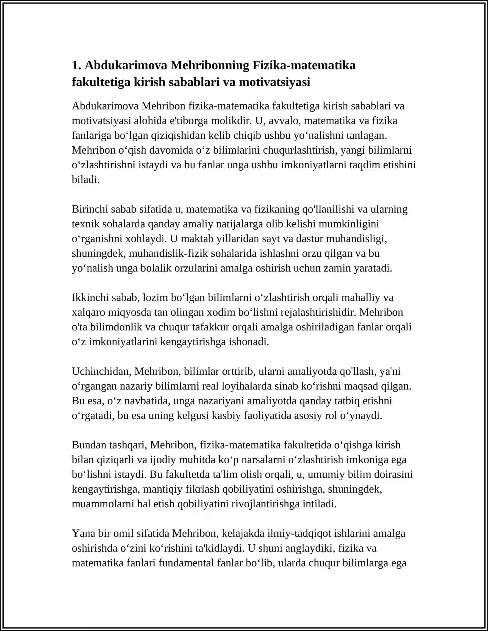 FIZIKA MATEMATIKA FAKULTETI 125-GURUH 1-KURS TALABASI ABDUKARIMOVA MEHRIBON 4