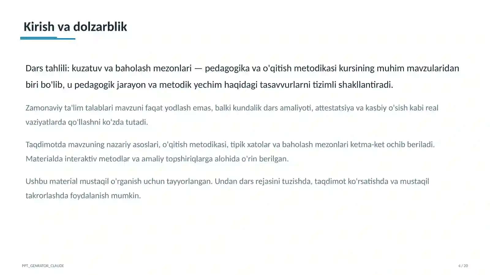Dars tahlili: kuzatuv va baholash mezonlari 4