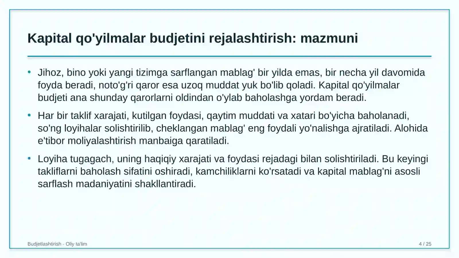 Korporativ moliyada kapital qo'yilmalar budjetini rejalashtirish 4