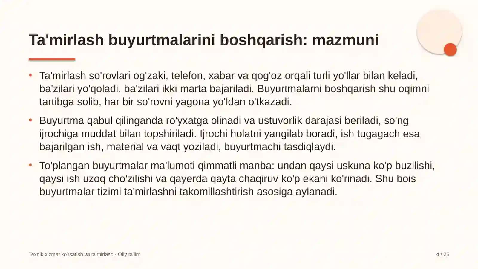 Axborot texnologiyalari sohasida ta'mirlash ishlariga buyurtmalarni boshqarish 4