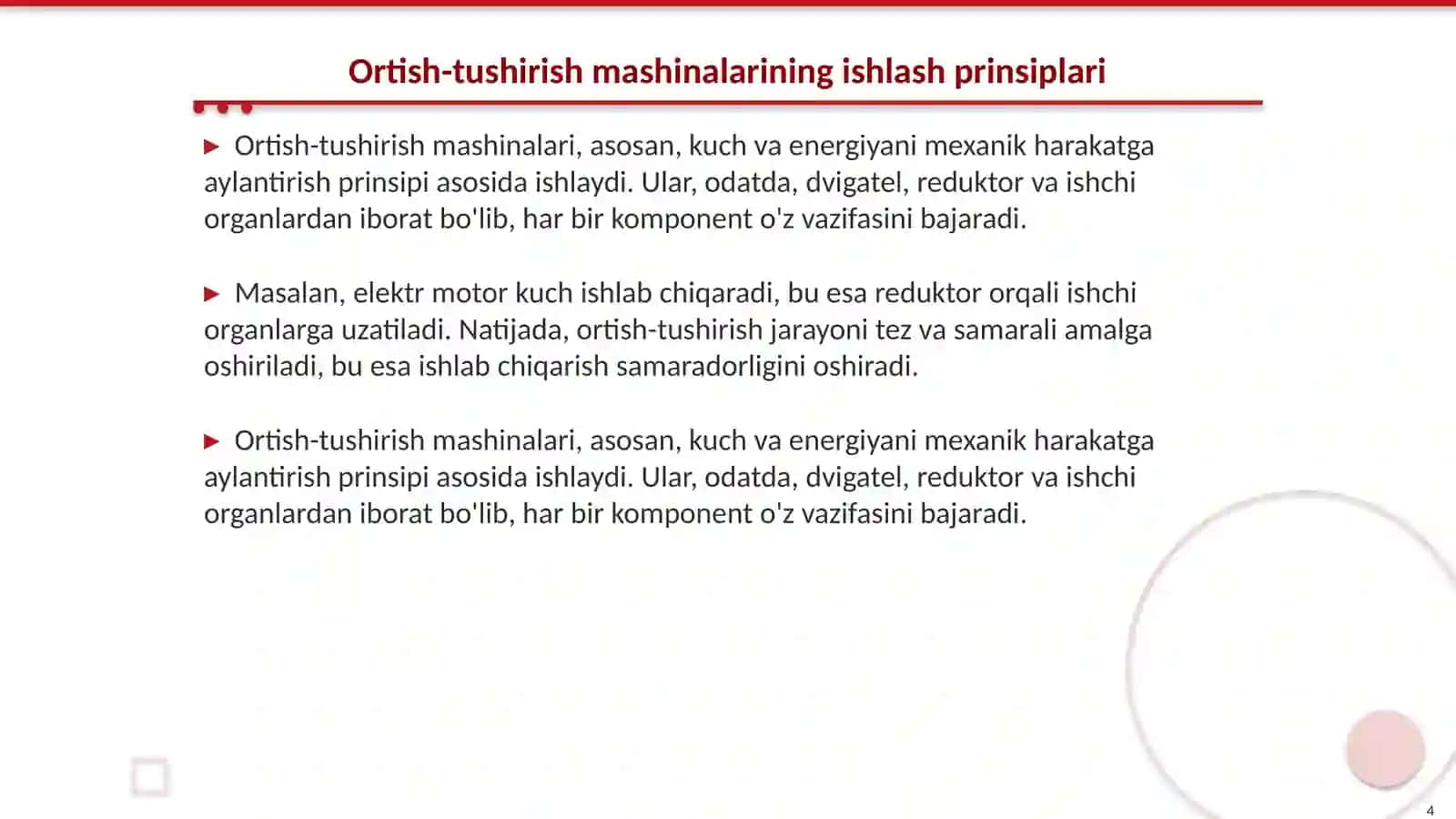 Ortish-tushirish mashinalari va qurilmalari haqida umumiy ma'lumotlar va ularning tasnifi 4