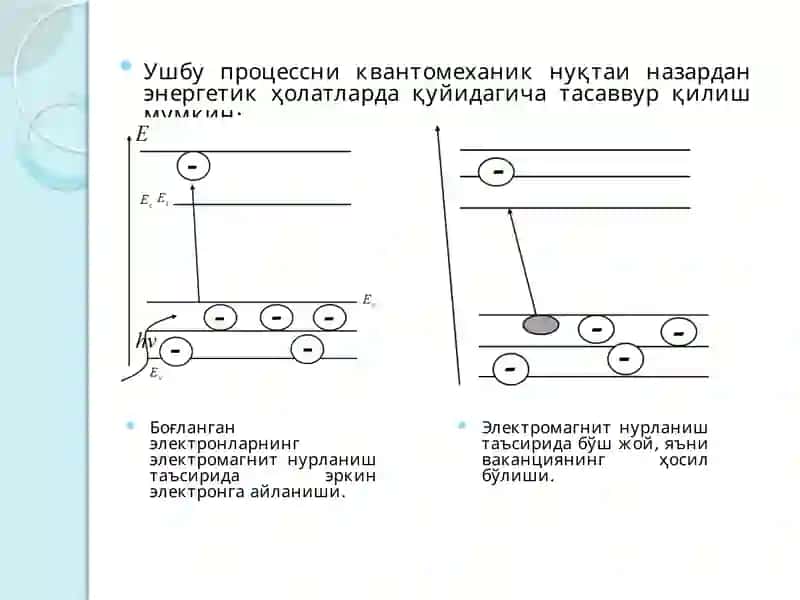 Электромагнит нурланишнинг ярим ўтказгичлардан ток ташувчи зарядли заррачалар концентрациясига таъсири 4