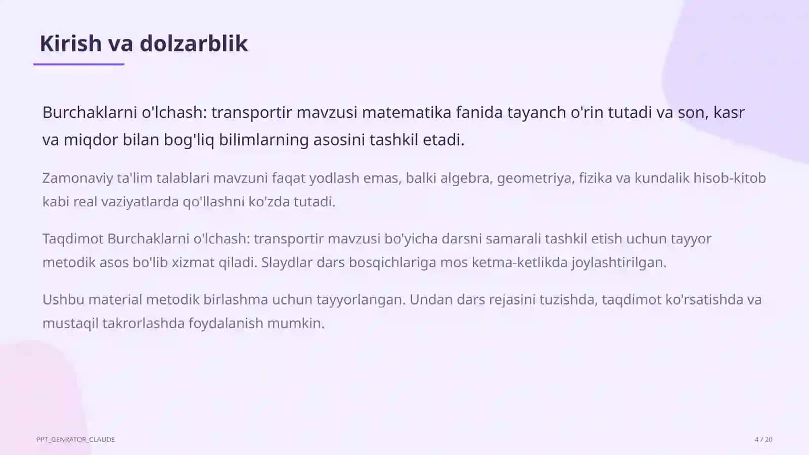Burchaklarni o'lchash: transportir (5-sinf) 4