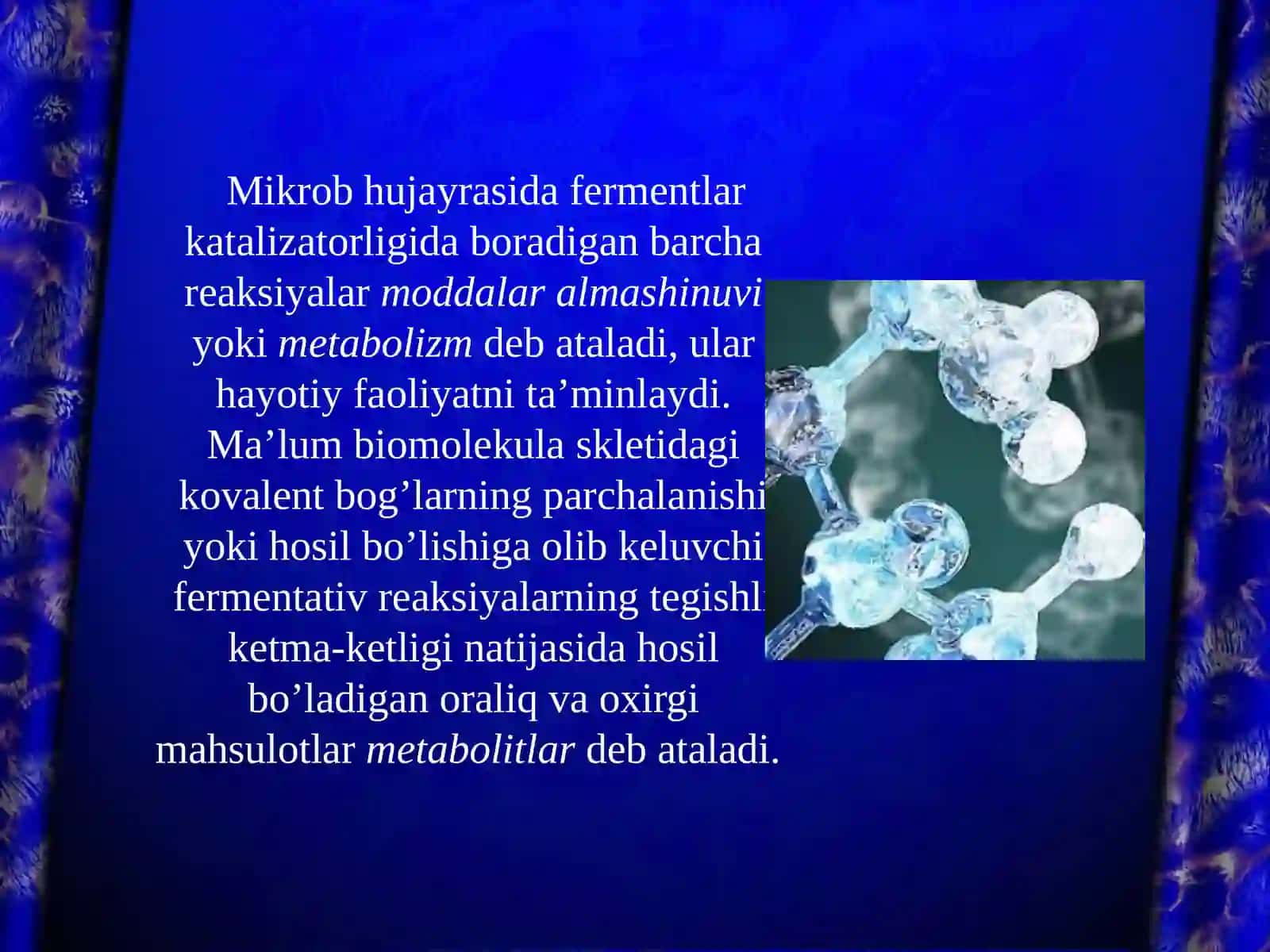 Mikroorganizmlarning xayot faoliyatida ishlab chiqaradigan moddalari pigmentlar toksinlar aramatikmoddalar yorug’lik energiyasi 4