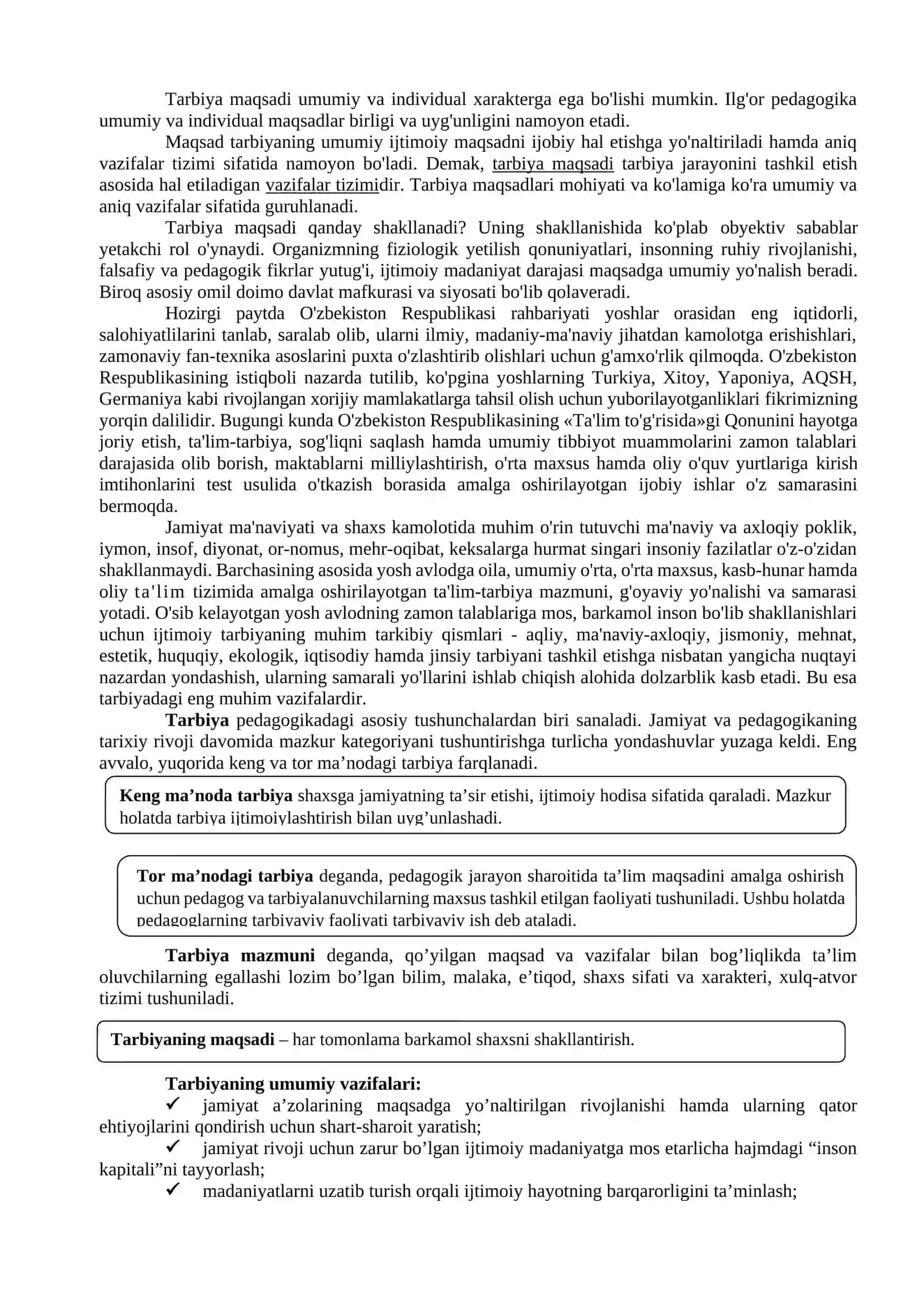 4- МАВЗУ. TARBIYA JARAYONING MAZMUNI VA MOHIYATI. O’ZBEKISTON RESPUBLIKASIDA OLIB BORILAYOTGAN IJTIMOIY TARBIYANING UMUMIY VAZIFALARI 4