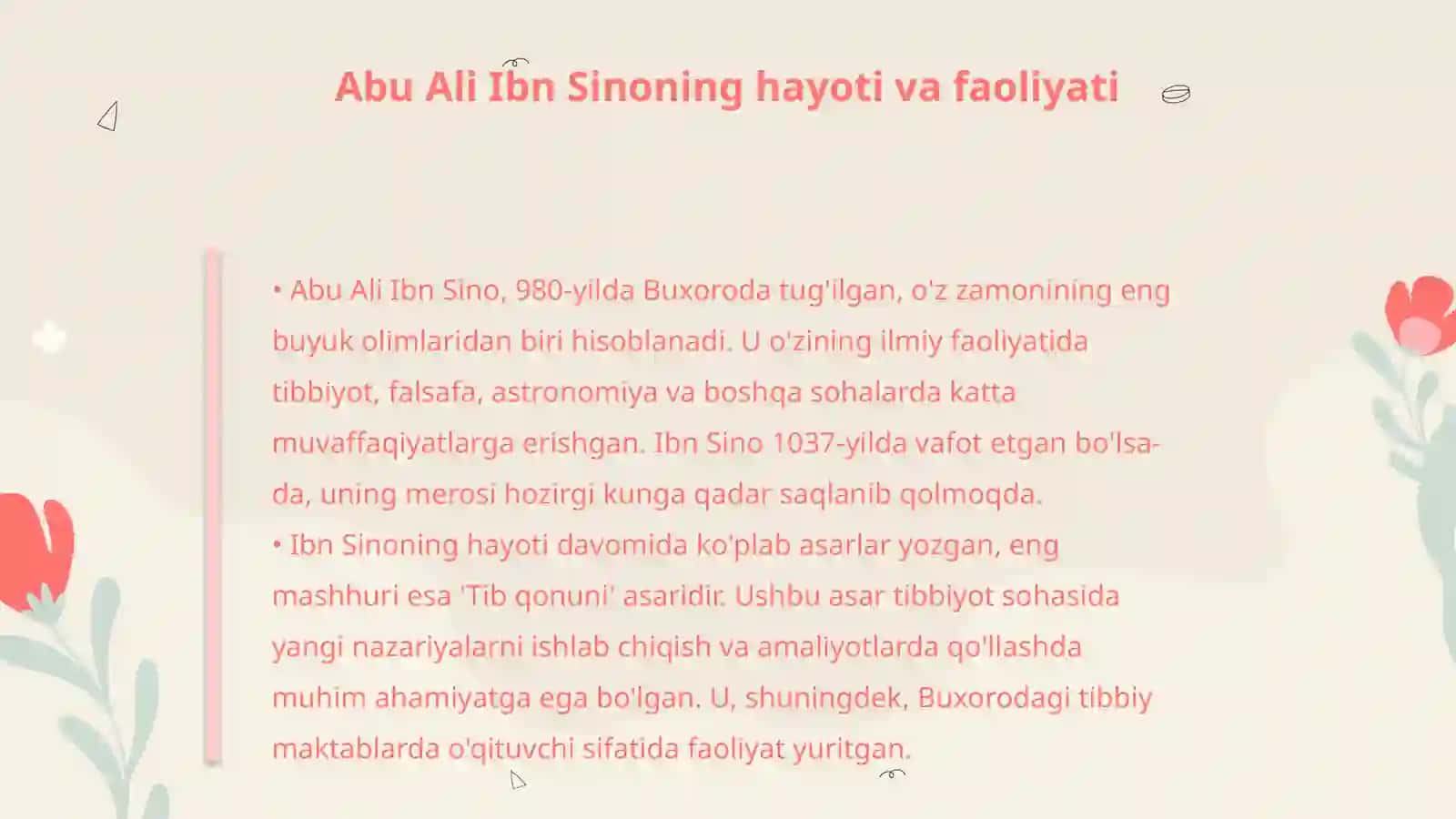 Buxoro davlatidagi tibbiyot va uning oʻziga xos xususiyatlari.Abu ali Ibn sinoning ilmiy merosi 4