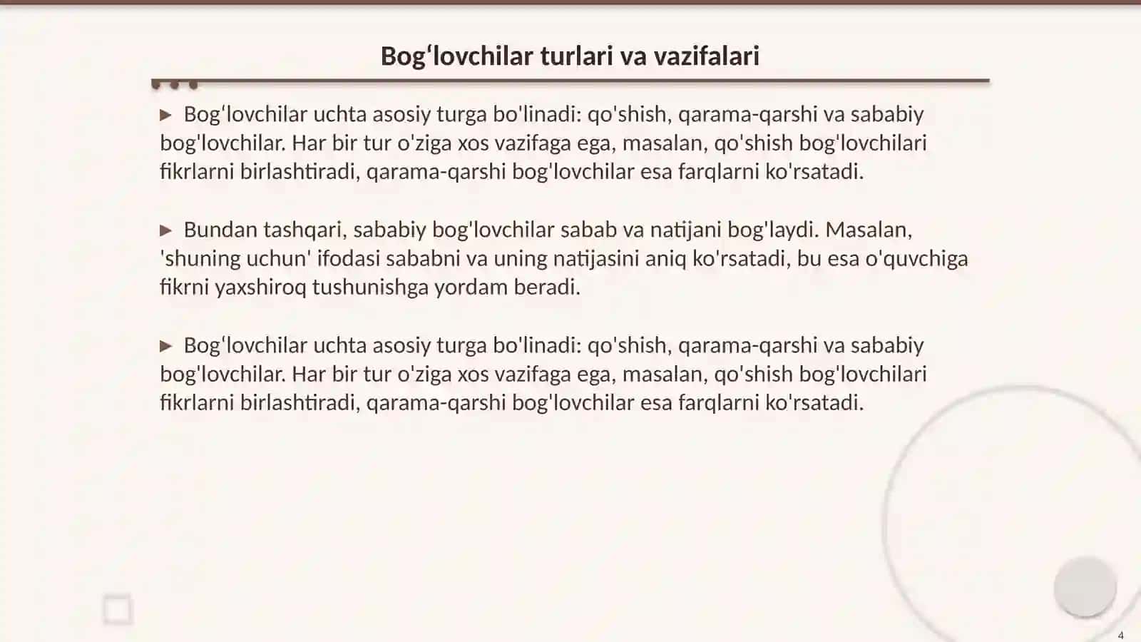 Bogʻlovchilar 4