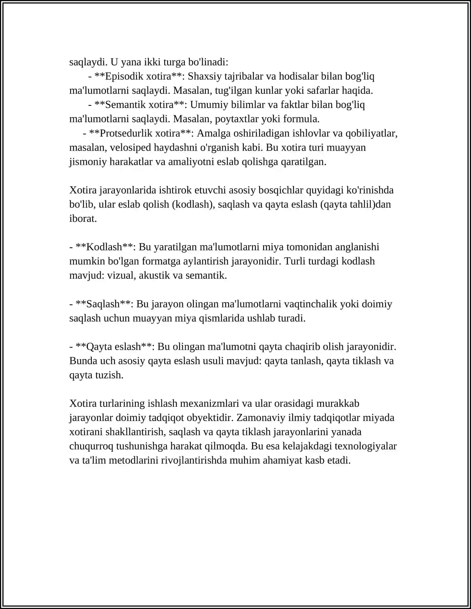 MUSTAQIL ISH Mavzu: XOTIRA TURLARI VA ULARNING JARAYONLARI 4