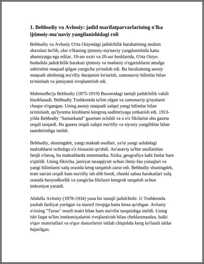 JADID MARIFATPARVARLARI OʻLKA IJTIMOIY-MA'NAVIY HAYOTIDA TUTGAN OʻRNI (BEHBUDIY, AVLONIY VA BOSHQALAR) 4