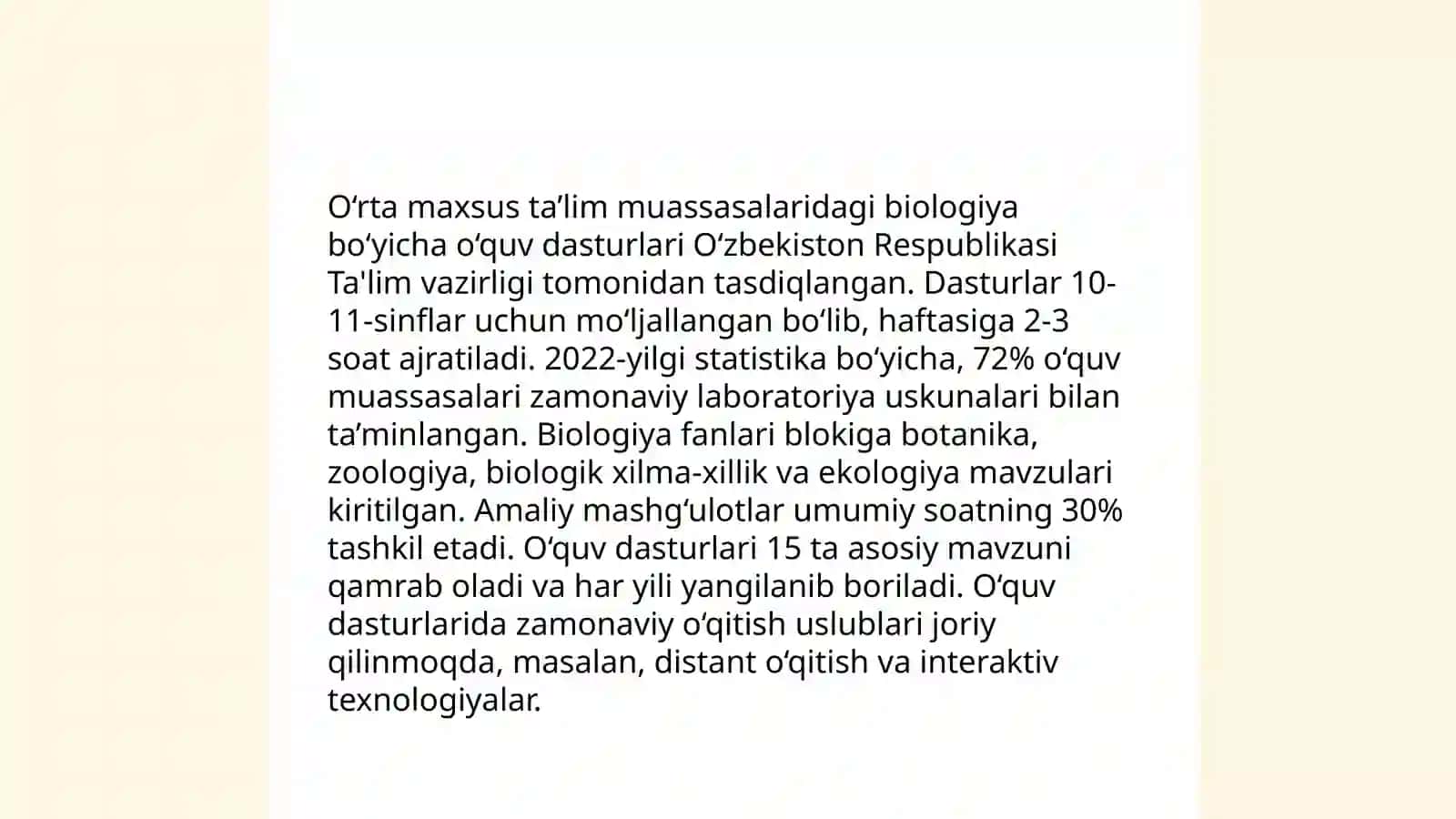 Biologiyadan tuzilgan DTS, oquv dasturi, darsliklar va metodik qollanmalarni organish va ular ortasidagi uzviylikni tahlil etish 4