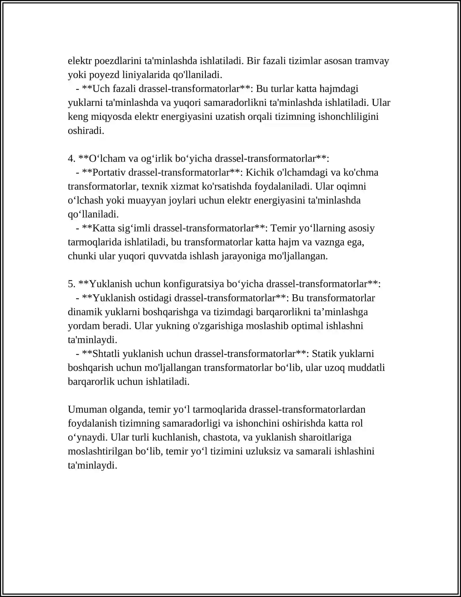 MUSTAQIL ISH Mavzu: TEMIR YOʻLDA DROSSEL-TRANSFORMATORLARINING TURLARI ISHLASH PRINSIPLARI VA ULARDAGI OʻLCHOVLAR 4