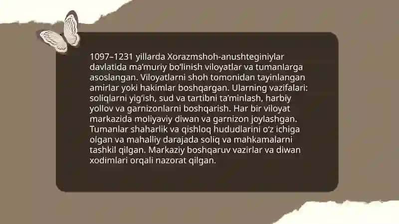 Xorazmshoh-anushteginiylar davlatining ma’muriy tuzilishi, boshqaruv tartiblari; ijtimoiy-iqtisodiy hayoti 4