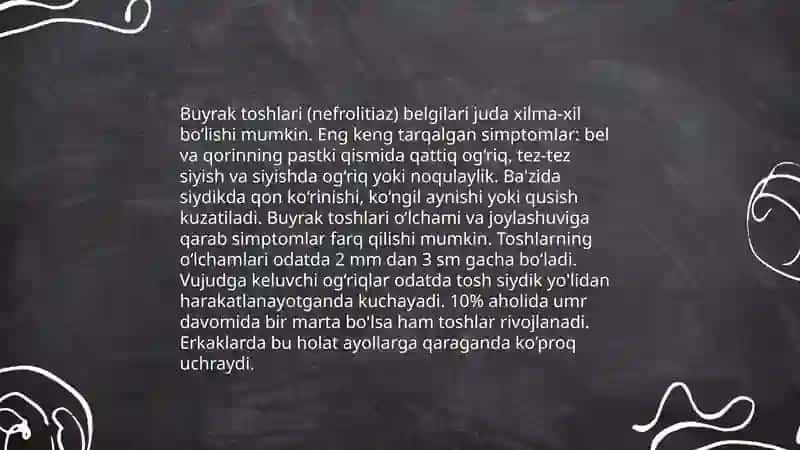 Buyraklarda urat toshlarini hosil bo'lishi va davolash usullari 4