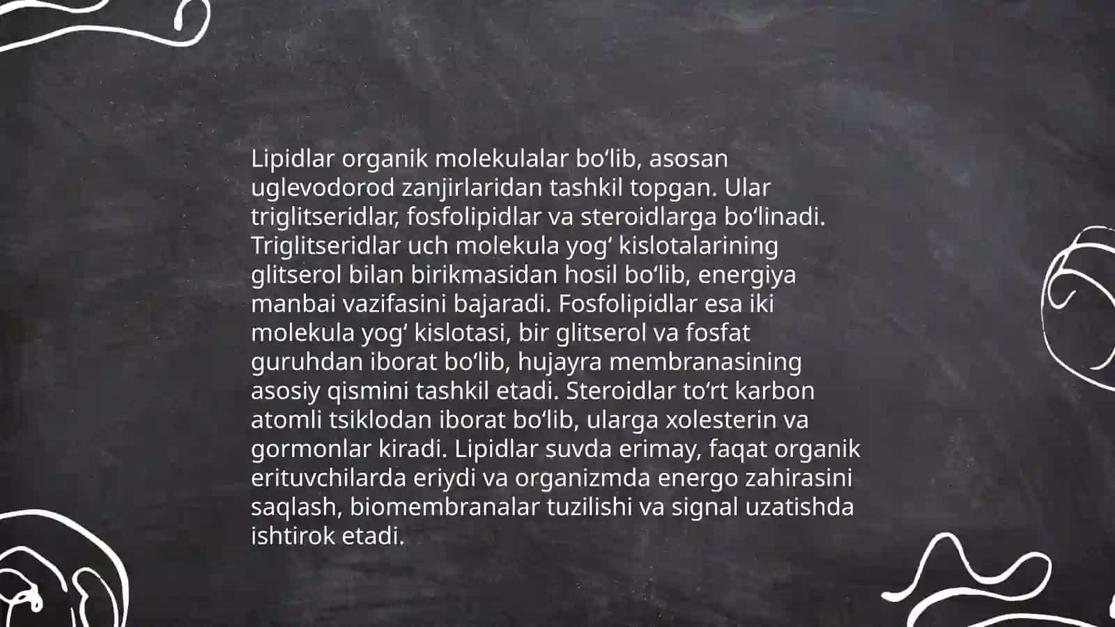 Lipidlar turlari va sinflanishi.Yogʻlar va yogʻ kislotalar biosintezi 4