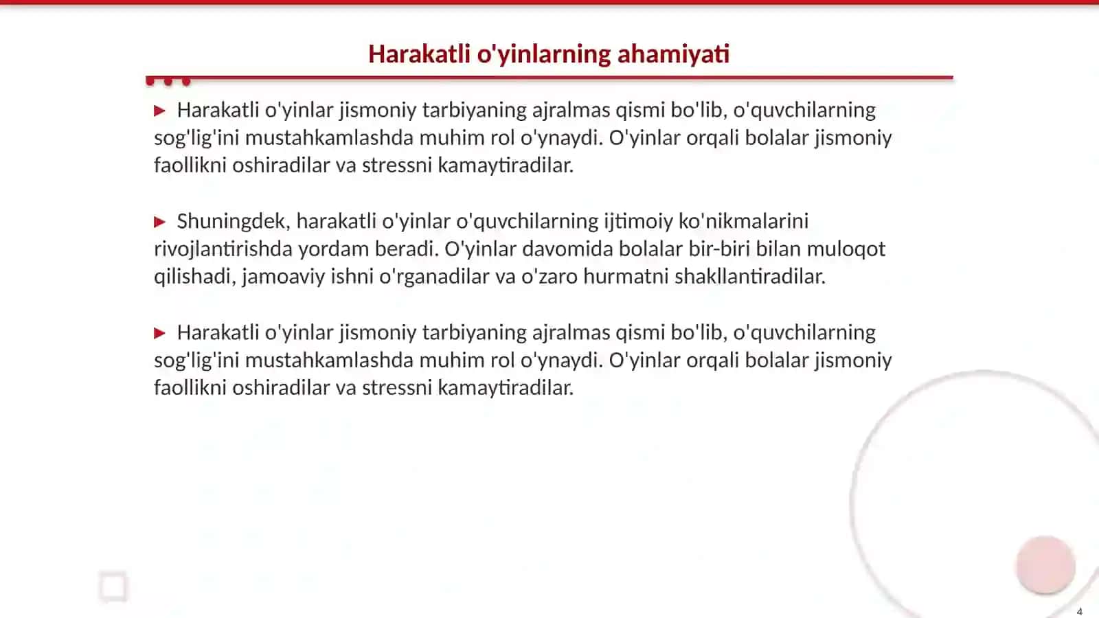 Harakatli o'yinlarni tashkil qilish va o'tkazish 4