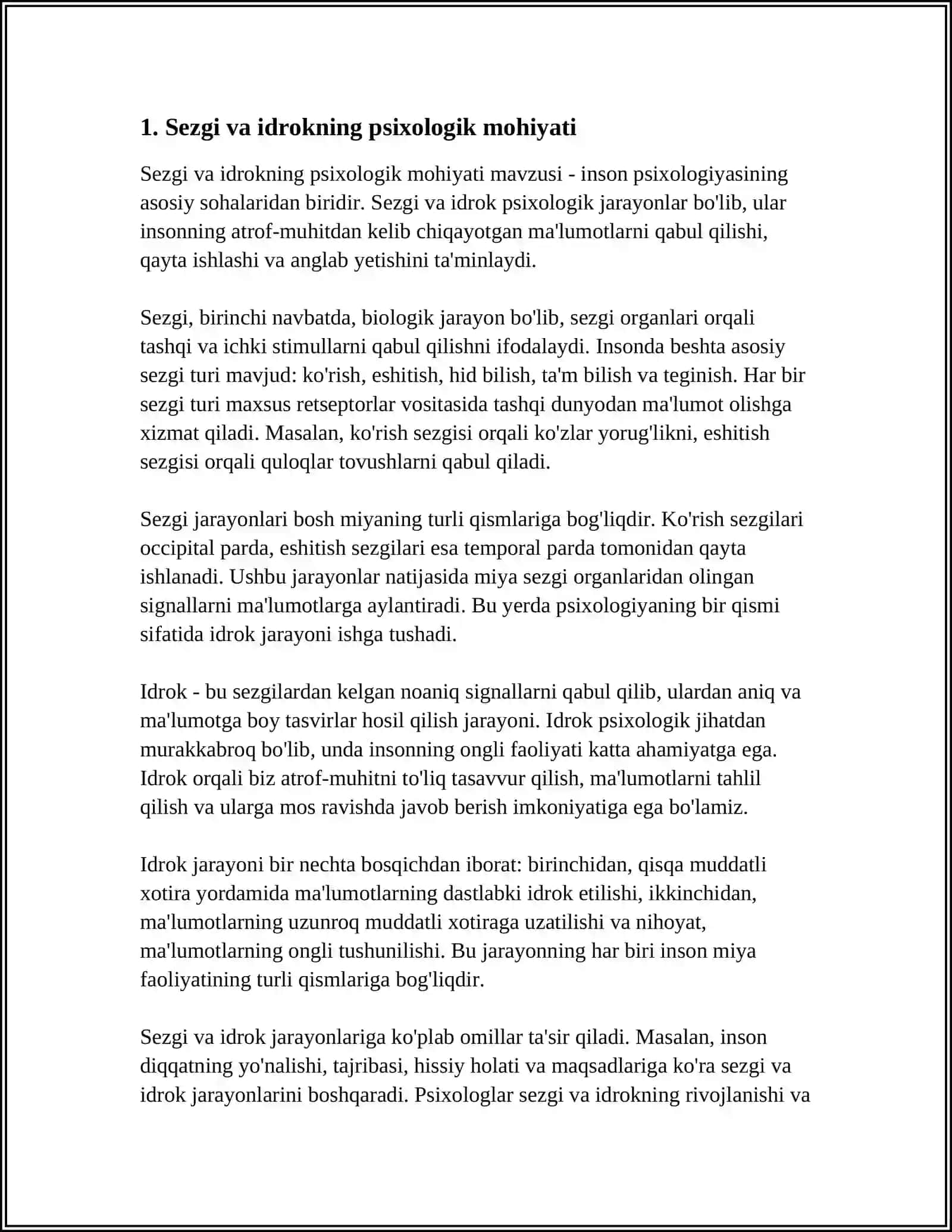SEZGI VA IDROKNING PSIXOLOGIK MOHIYATI, FIZIOLOGIYASI 4