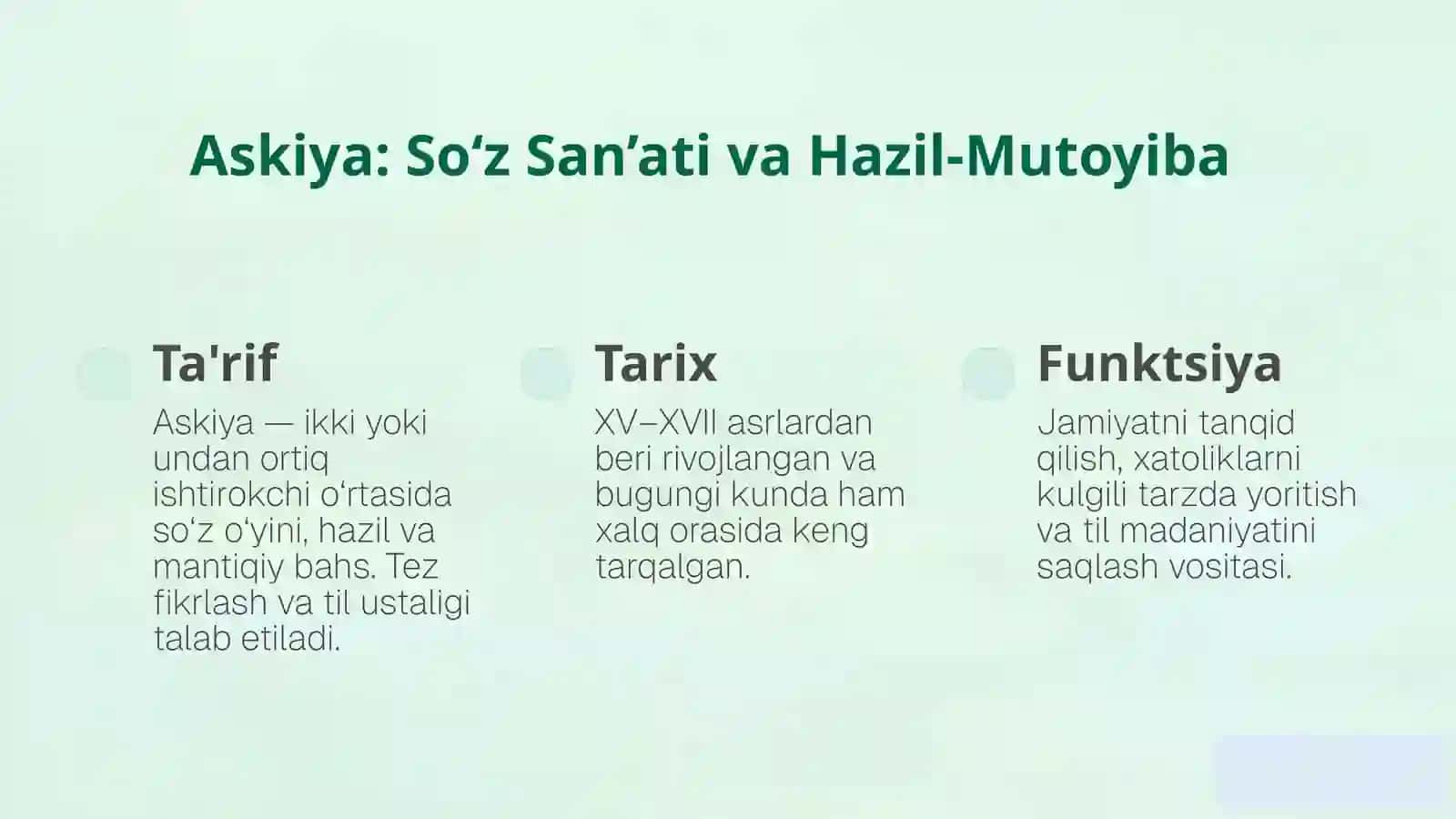 Og‘zaki dramalar,qo‘g‘irchoq teatri, qiziqchilik, masxarabozlik. Askiya,latifalar,loflar 4