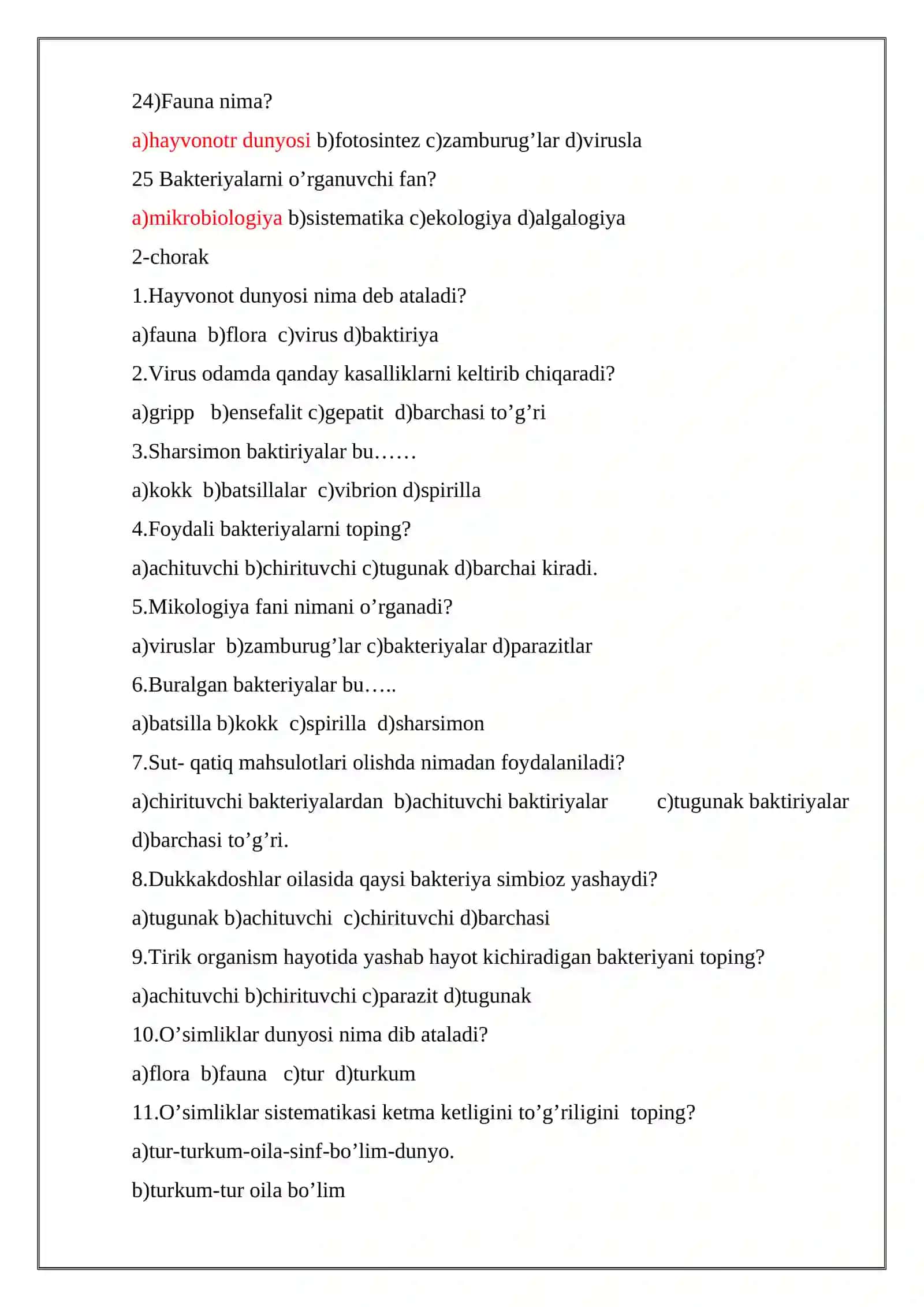 5-sinflar uchun biologiya fanidan TEST SAVOLLARI 4
