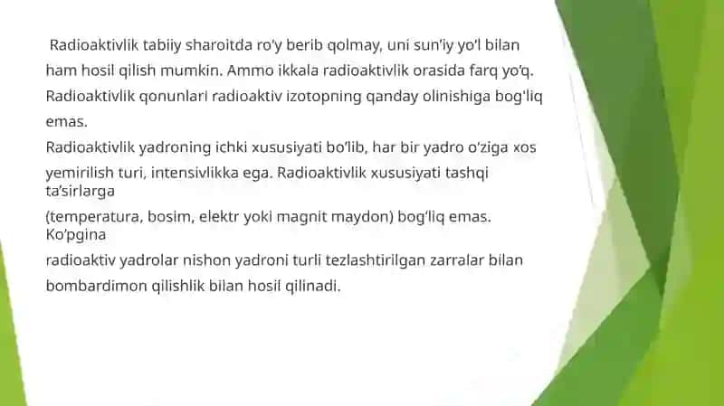 Radioaktivlik.  a, B, y radioaktivlik.  Atom yadrosining bog’lanish energiyasi. Yadro reaksiyalari. 4