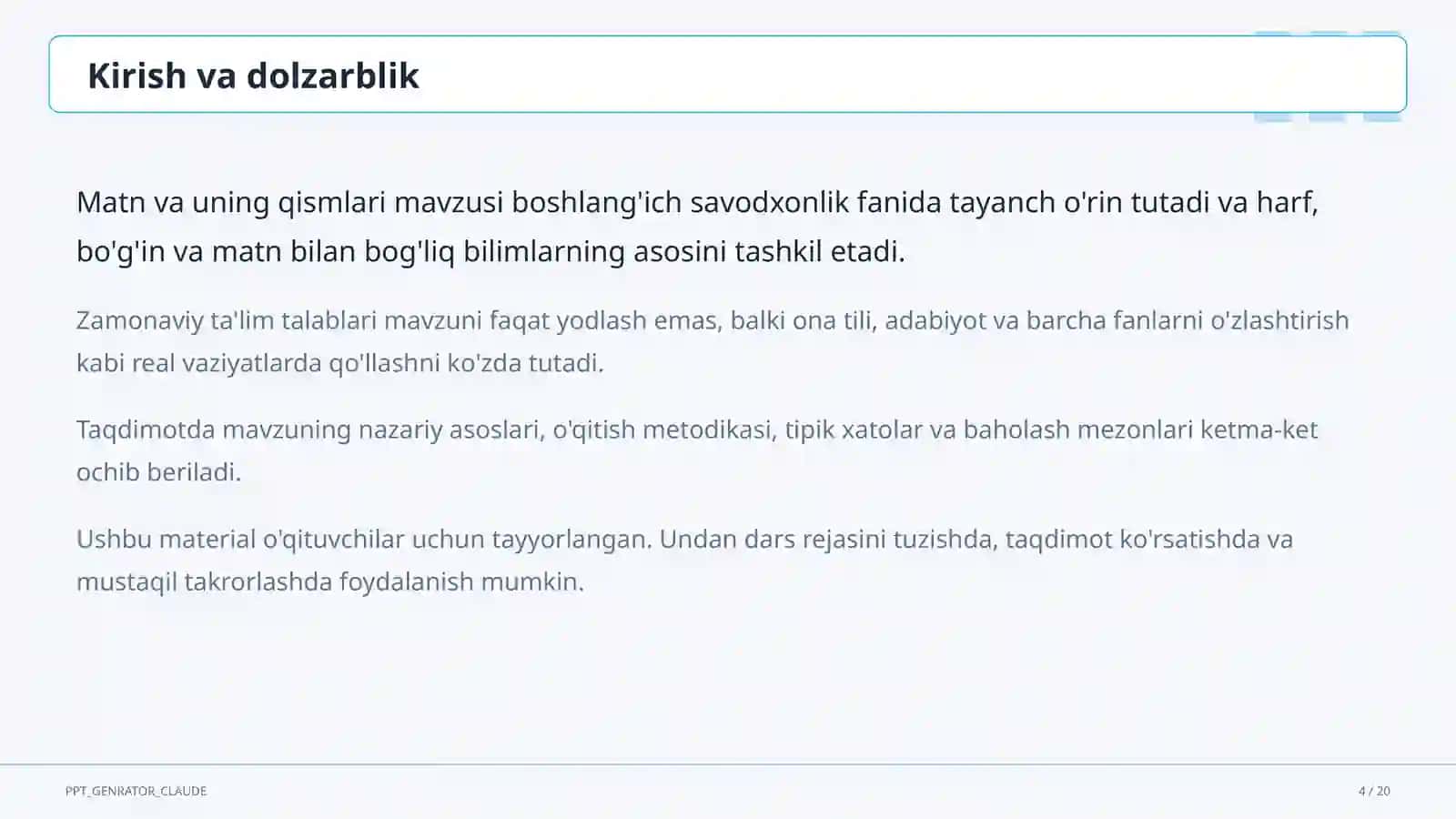 Ona tili va o'qish (1–4) — o'qituvchilar uchun 4