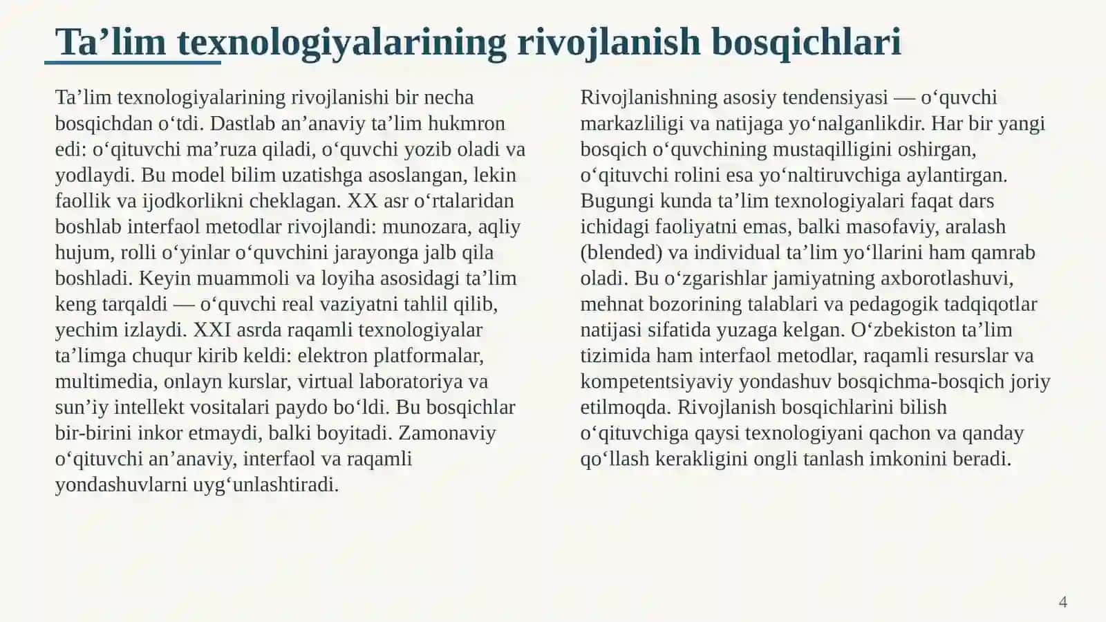 ZAMONAVIY TA’LIM TEXNOLOGIYALARI VA ULARNING PEDAGOGIK SAMARADORLIGI 4