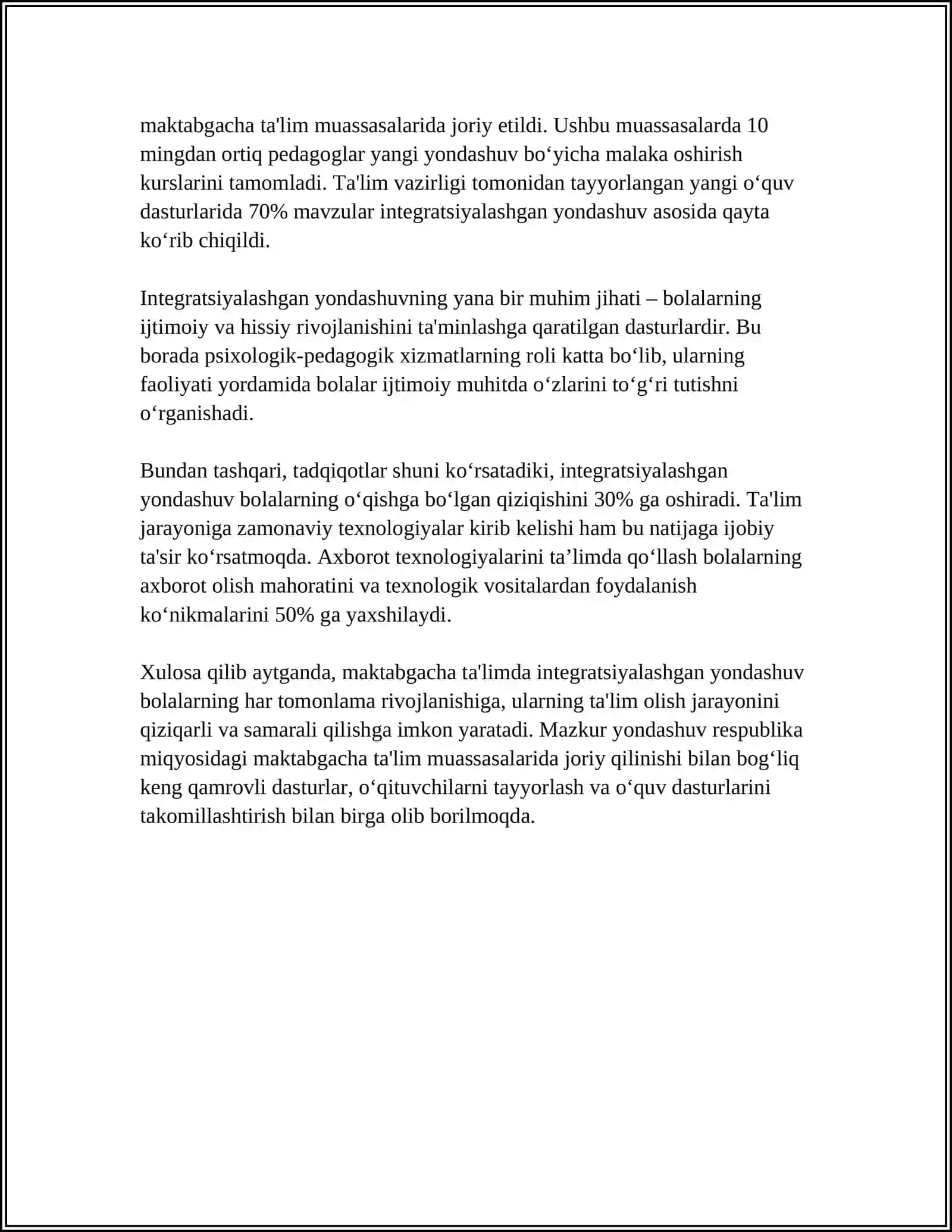TAKOMILLASHTIRILGAN ILK QADAM. DAVLAT O'QUV DASTURI ASOSIDA MAKTABGACHA TALIM TASHKILOTLARIDA FAOLIYAT MARKAZLARIDA TALIM JARAYONINI TASHKIL QILISH 4