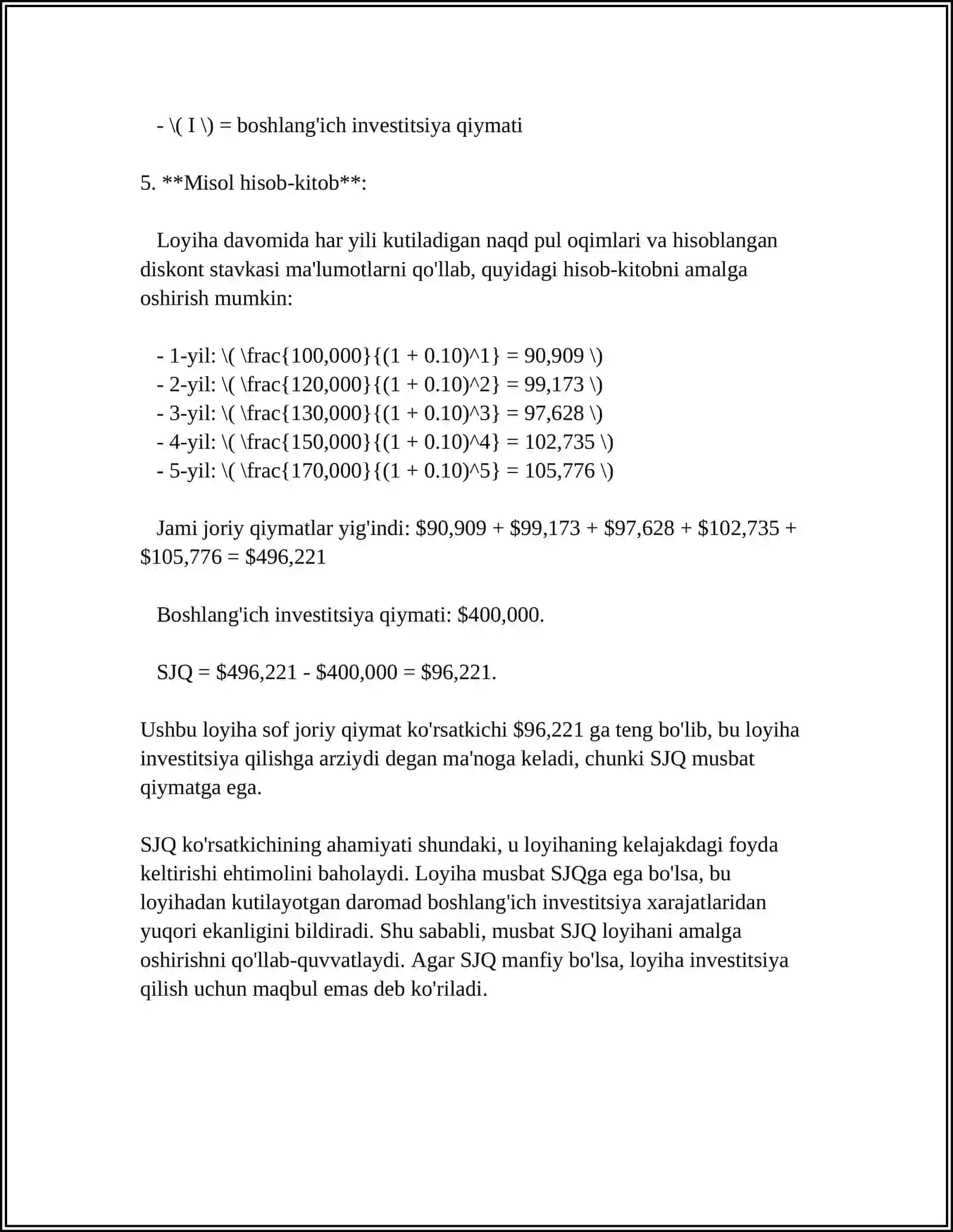 INVESTITSION LOYIHALARNING SAMARADORLIK KORSATKICHLARI 4