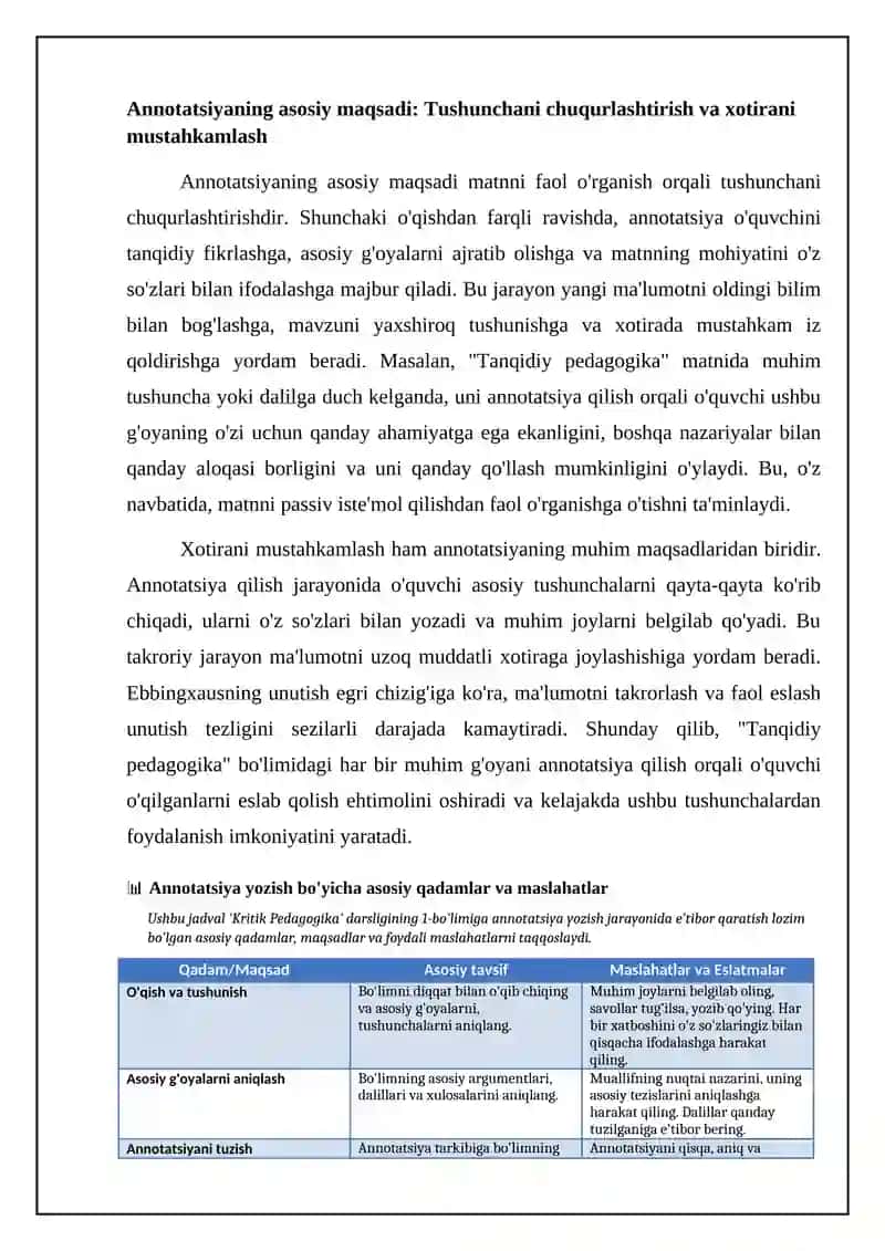 Mavzu: "Tadqidiy pedagogika" darsligi 1-bolimi yuzasidan annotatsiya yozish 4