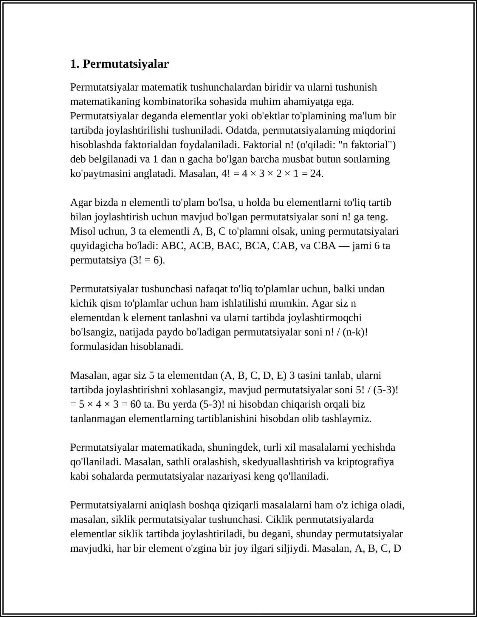 KOMBINATORIKANING ASOSIY ELEMENTLARI. ASOSIY KOMBINATSIYALAR 4