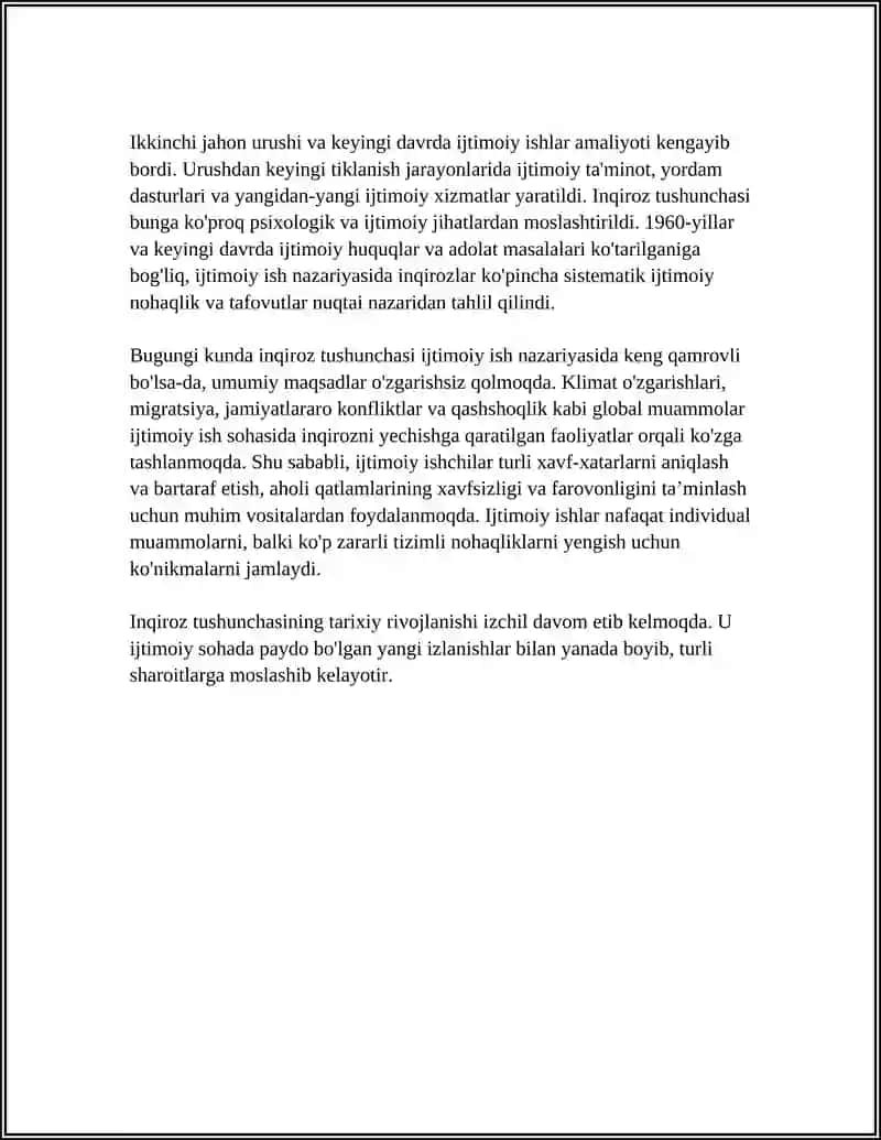 IJTIMOIY ISH NAZARYASI VA AMALIYOTIDA INQIROZ TUSHUNCHASINI PAYDO BO'LISHI VA RIVOJLANISHINING NAZARIY ASOSLARI 4