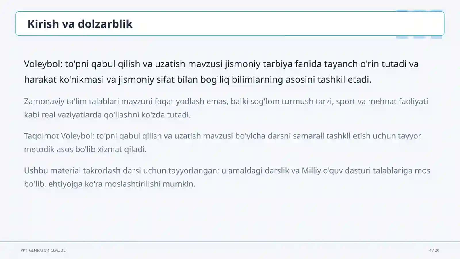 Voleybol: to'pni qabul qilish va uzatish (5-sinf) 4