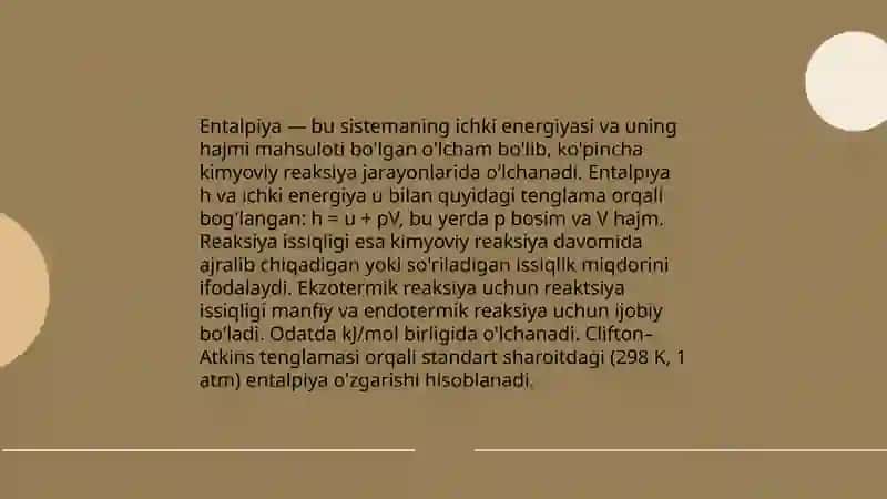 Entalpiya, entropiya, ish, bugʻ hosil qilish issiqligi, issiqlik sigʻimi. Toʻgʻri va teskari sikllar. 4