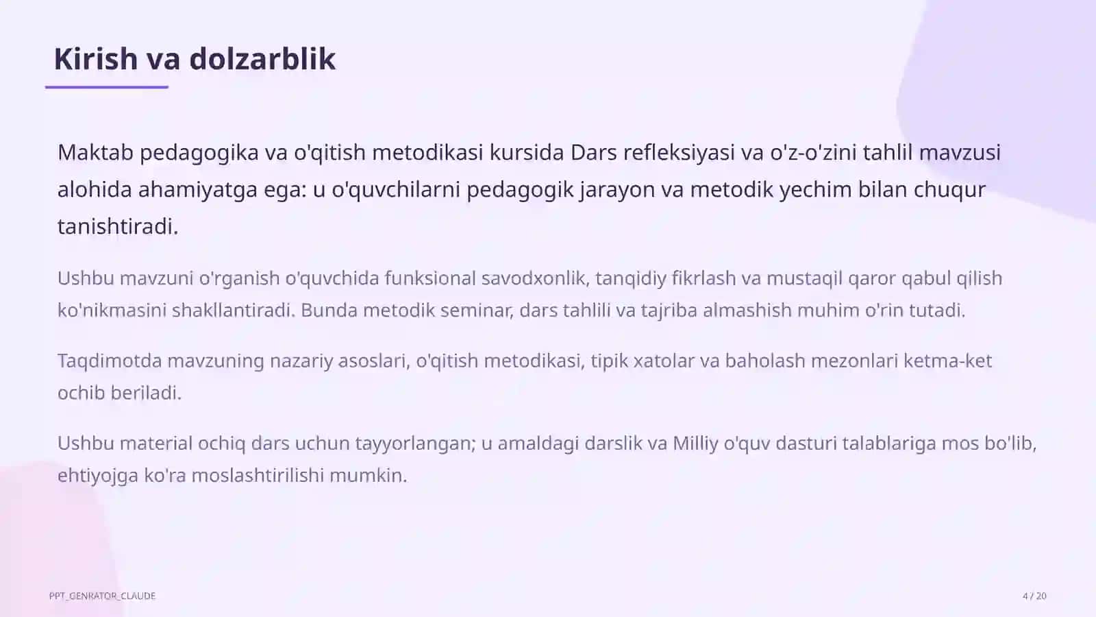 Dars refleksiyasi va o'z-o'zini tahlil 4