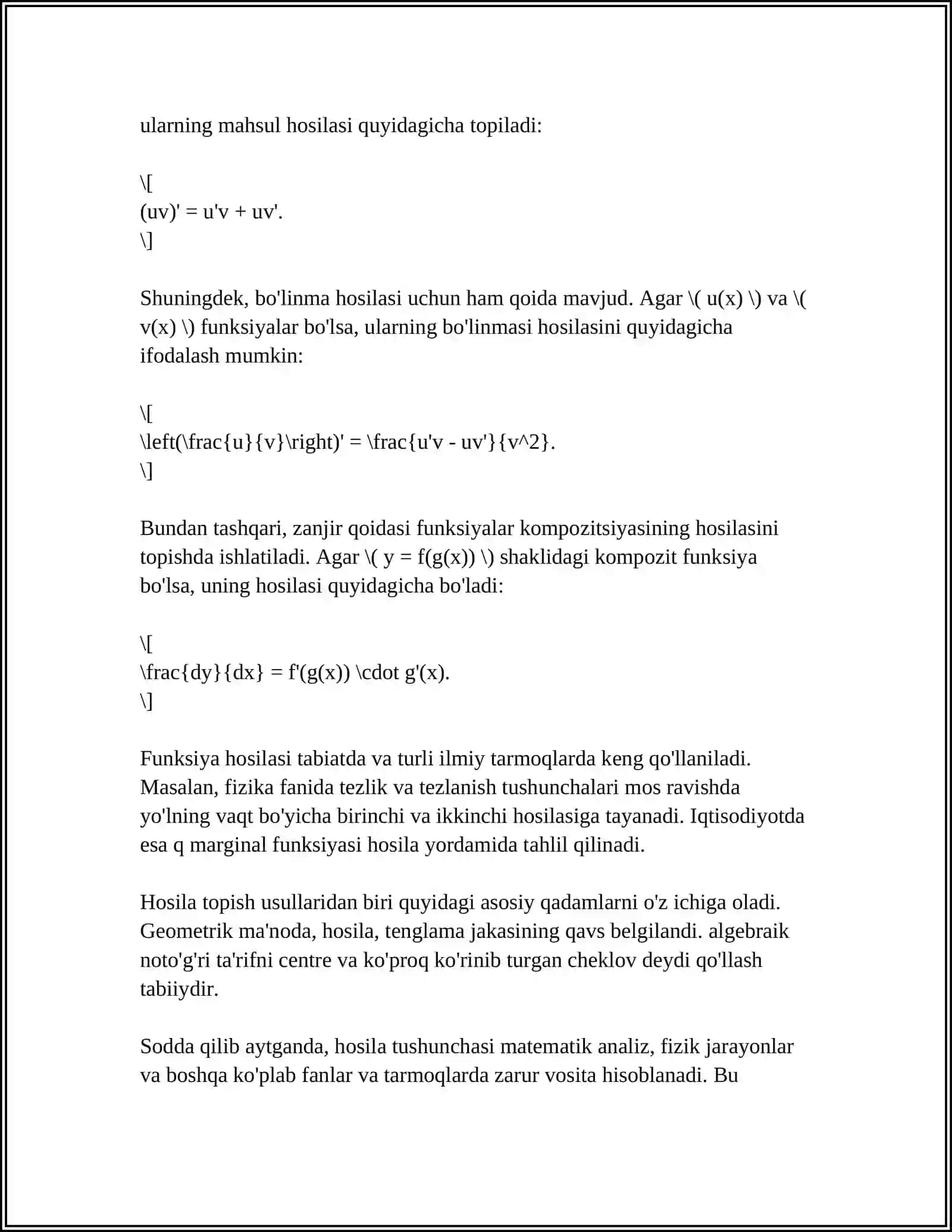 FUNKSIYA HOSILASI VA DIFFERENSIALI. FUNKSIV ANI HOSI LA VERDAMIDA TEKSHIRISH. BOTIGLIK VA QAV ARIQLIKNING IQTISODIY TATBIQLARI 4