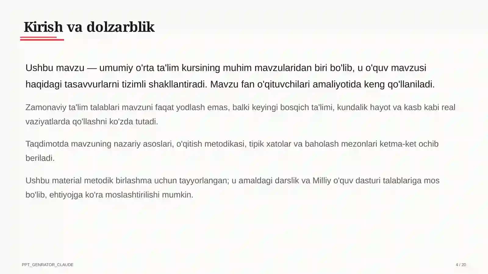 Dolzarb mavzular — maktab va o'qituvchilar (2026) — metodik birlashma uchun 4