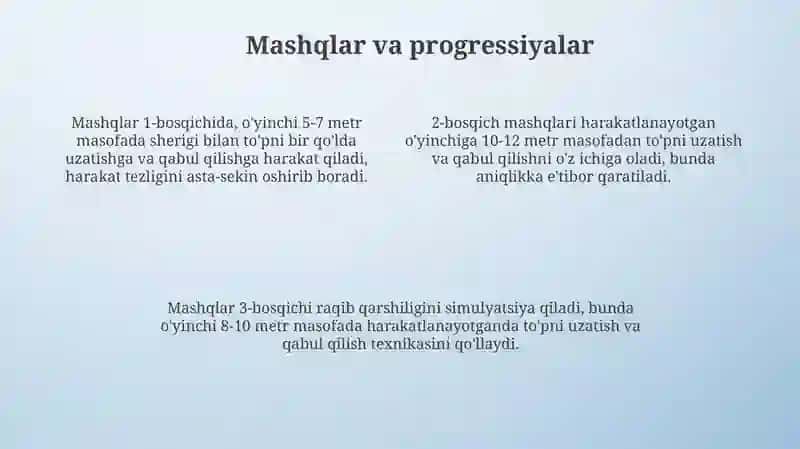 Harakatda bir qo'l bilan to'pni uzatish va qabul qilish texnikasi 4
