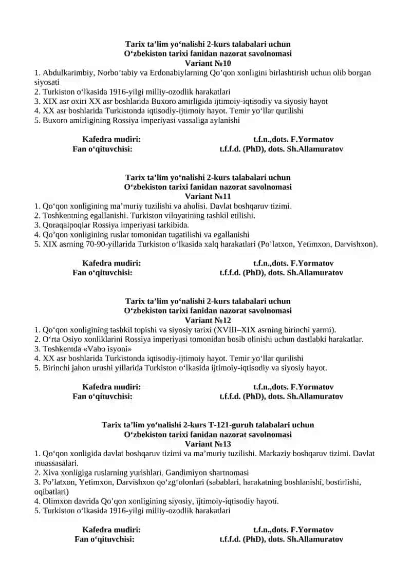 O‘zbekiston tarixi fanidan nazorat savolnomasi 4