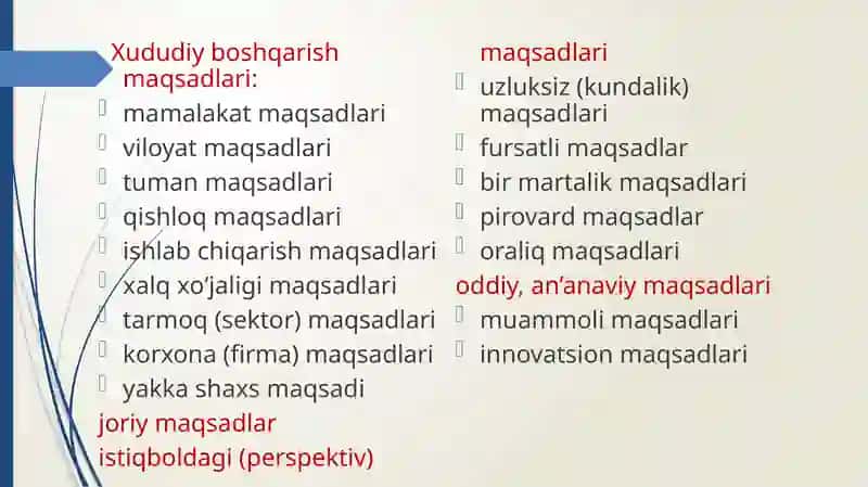 BOSHQARUV MAQSADI,FUNKSIYALARIVA TASHKILIY STRUKTURALARI 4